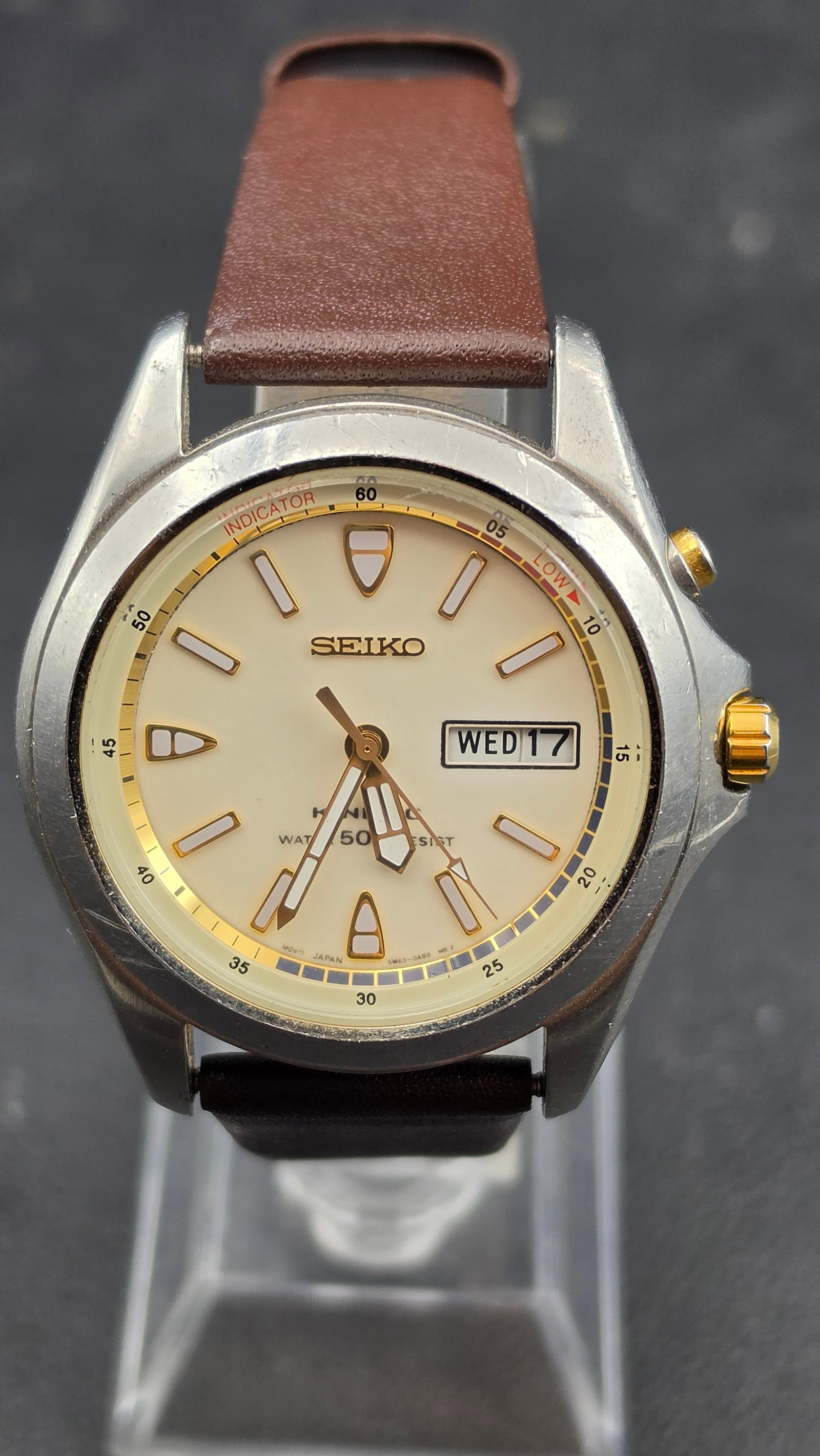 Seiko Kinetic 5M63-0AB0 Day Date Indicator LumiBrite Dial Leather Strap Runs (1 of 10)