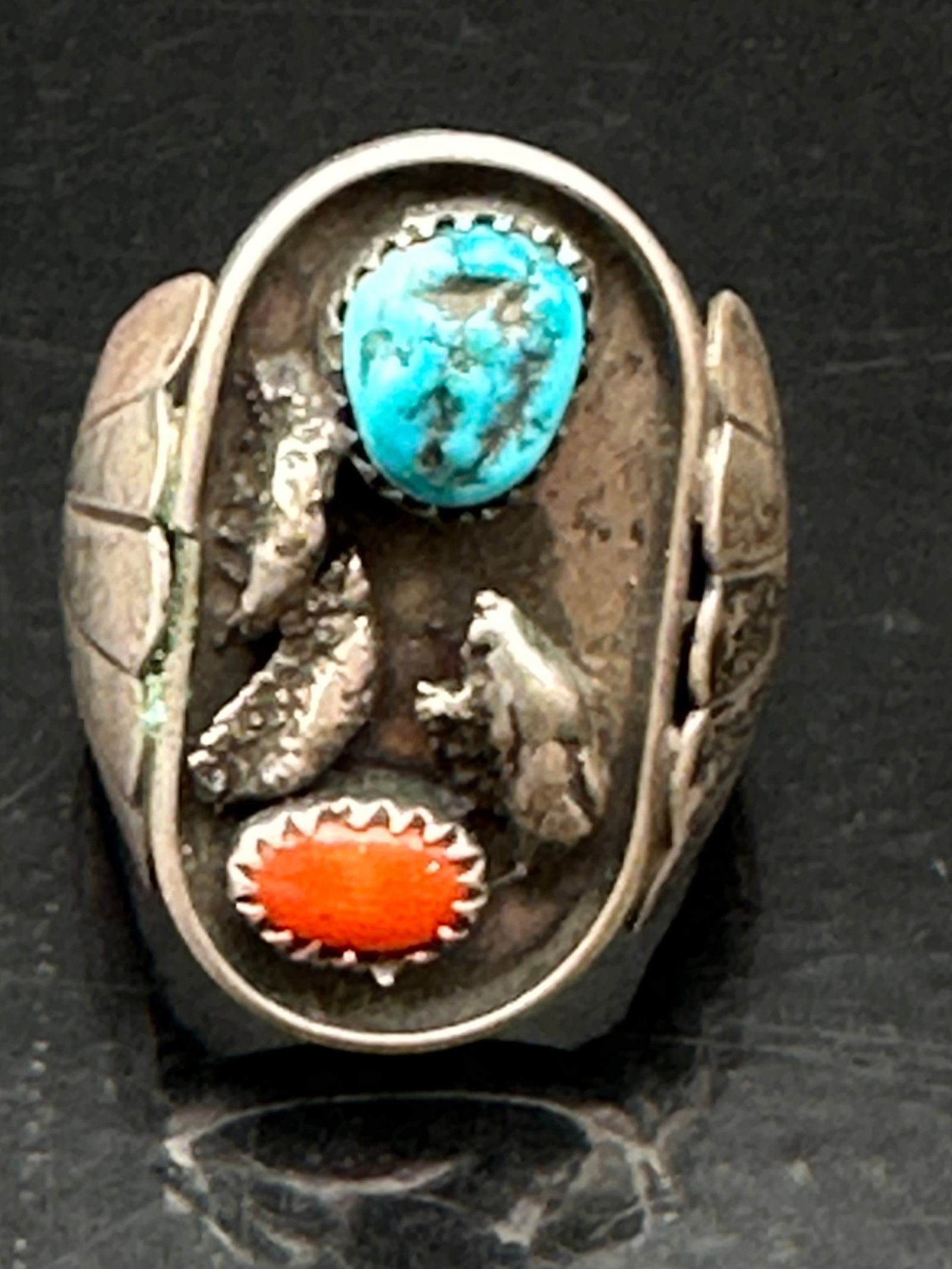 Vintage Sterling Silver Turquoise Coral Bird Ring Native American 11g (1 of 11)