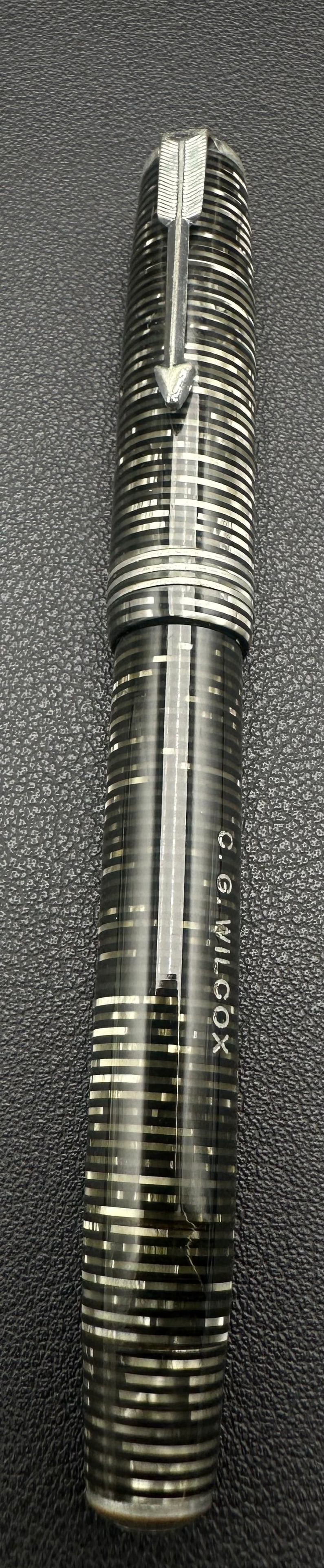 Vintage Parker Vacumatic Black Pearl Striped Fountain Pen Dual Jewel 1940s: Vintage Parker Vacumatic fountain pen in the classic black and pearl striped laminated finish, personalized “C.G. Wilcox.” Features the original dual jewels (cap and blind cap), Parker USA nib
