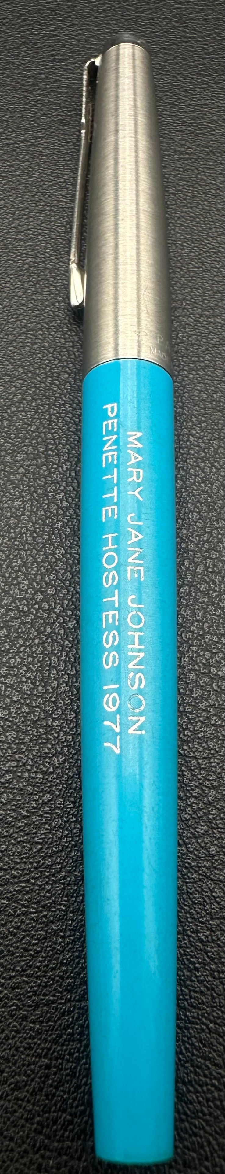 Vintage Parker Turquoise Mechanical Pencil Stainless Cap Penette Hostess 1977: Vintage Parker mechanical pencil featuring a turquoise blue barrel, brushed stainless steel cap, chrome trim, and the classic Parker arrow clip. Personalized “Mary Jane Johnson – Penette Hostess 1
