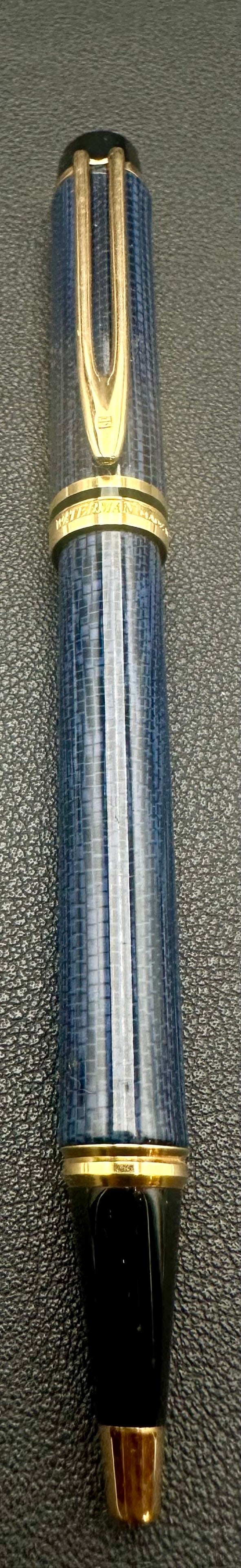 Waterman Hémisphère Blue Pattern Lacquer Ballpoint Pen Made in France: Genuine Waterman Hémisphère twist-action ballpoint pen featuring a distinctive blue geometric patterned lacquer barrel and cap with black resin accents and gold-plated trim. Made in France, this ele