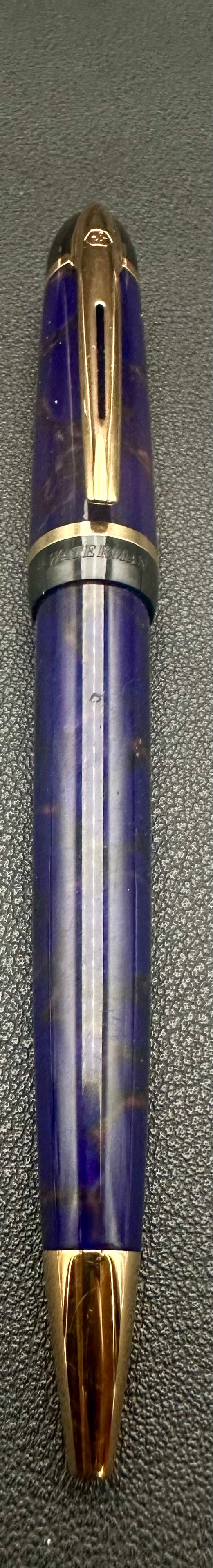 Waterman Phileas Blue Marble Ballpoint Pen Gold Trim Made in France: Vintage Waterman Phileas twist-action ballpoint pen featuring a blue marble lacquer barrel and cap with gold-plated trim. Made in France, this popular model is known for its comfortable size and class