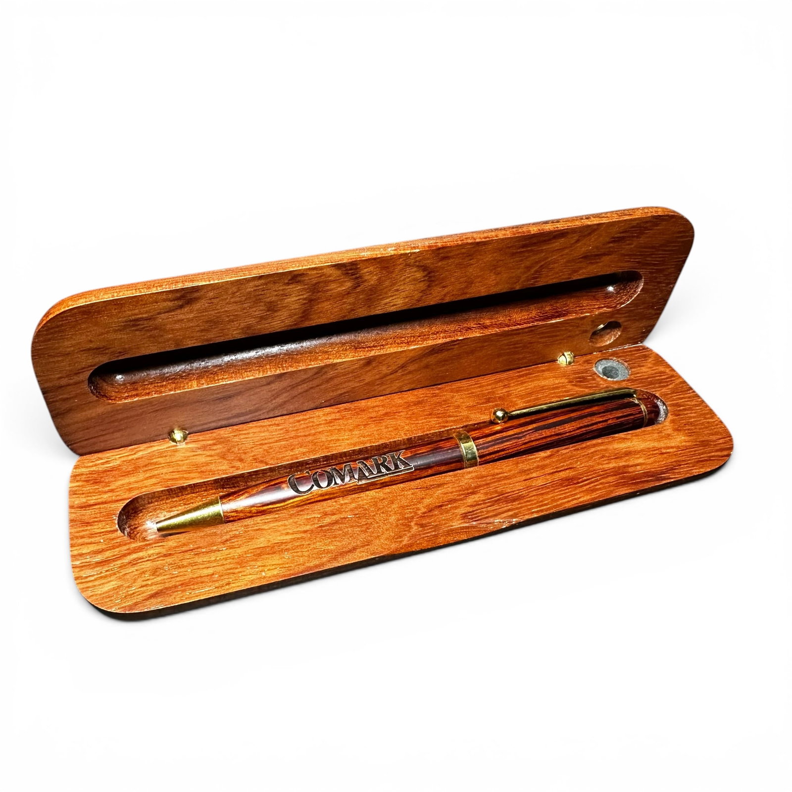 Comark Wooden Ballpoint Pen With Display Box: Comark Wooden Ballpoint Pen With Display Box:Brand/Model: Comark wooden ballpoint pen with matching wooden presentation/display box.Manufacturer Location: Not marked.Year Produced: Unknown.Condition: 