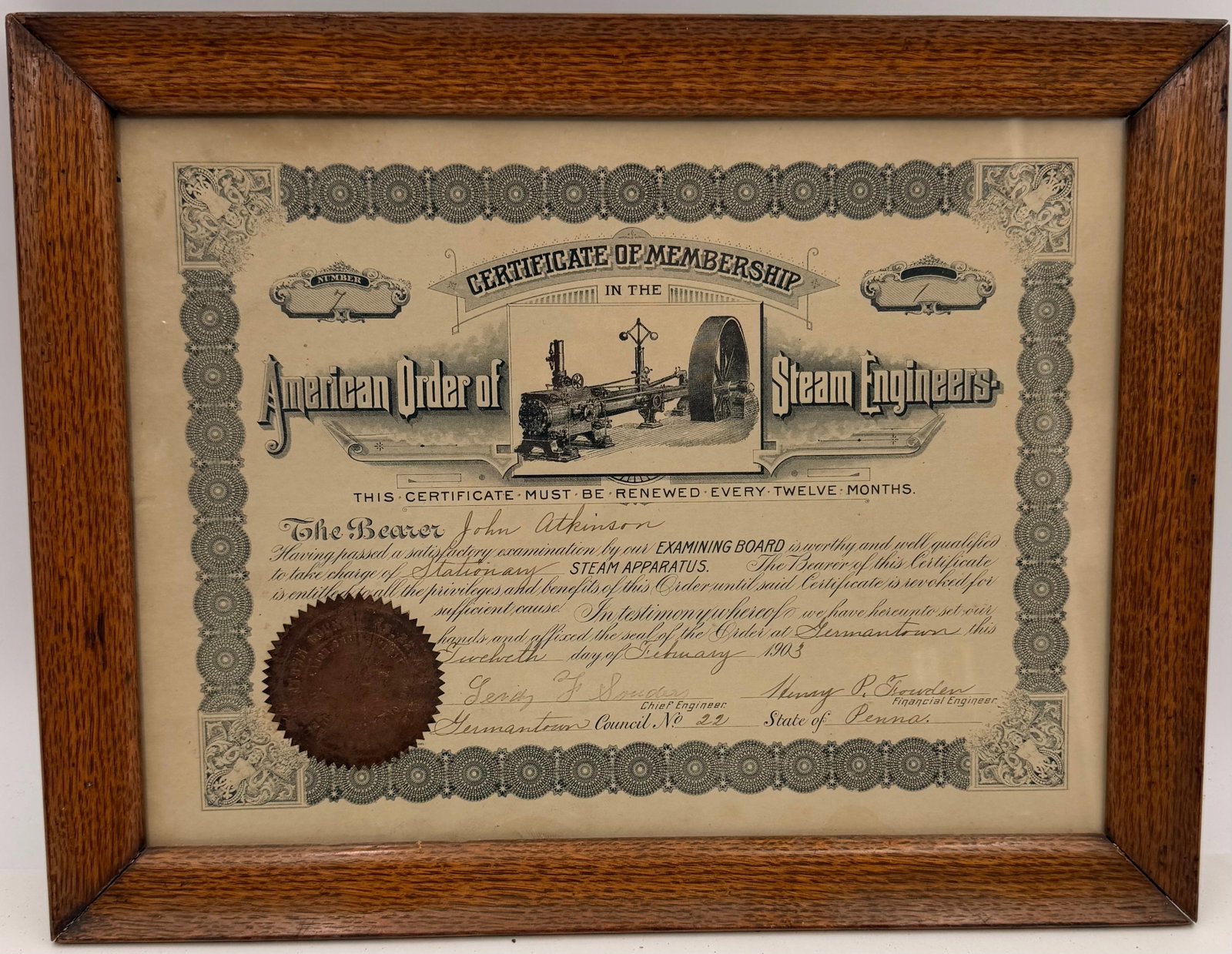 1903 Steam Engineers Membership Certificate: This antique 1903 American Order of Steam Engineers membership certificate was issued to John Atkinson by Germantown Council No. 22, Pennsylvania. The certificate states that the bearer successfully