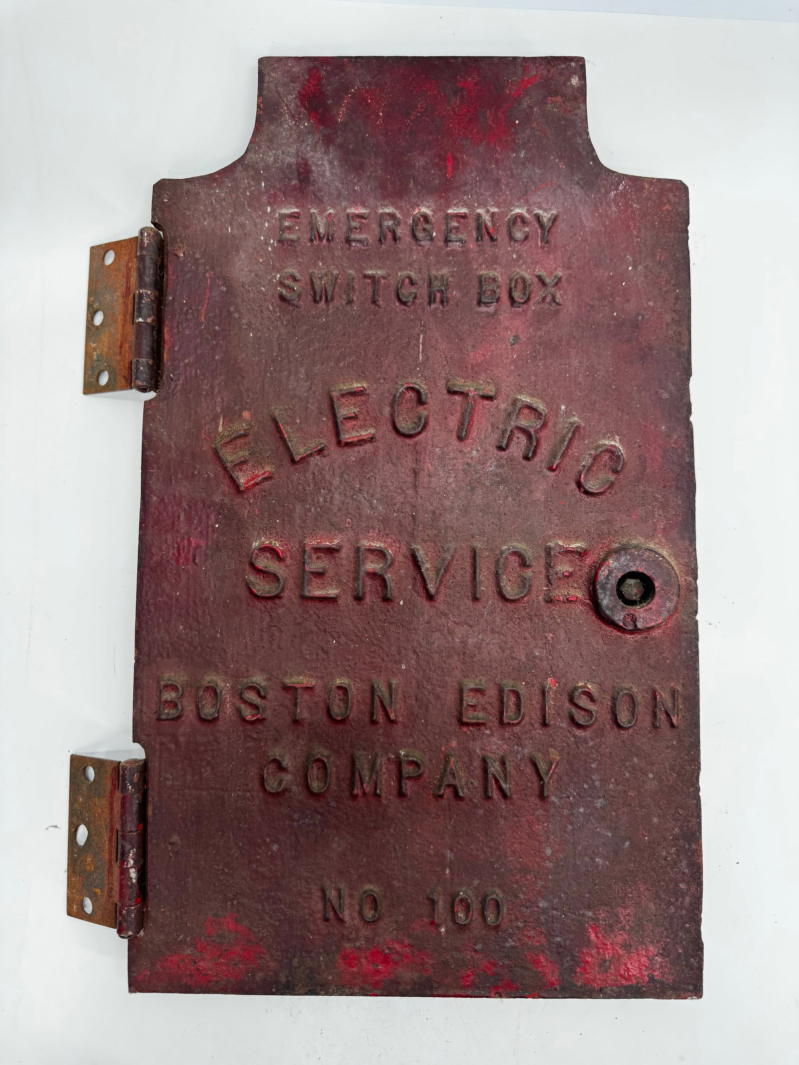 Antique Boston Edison Emergency Switch Box Cast Iron Door No. 100: Antique cast iron Emergency Switch Box door from the Boston Edison Company, marked No. 100, dating to approximately 1910–1930. Features raised lettering, original hinges, lock assembly, and traces o