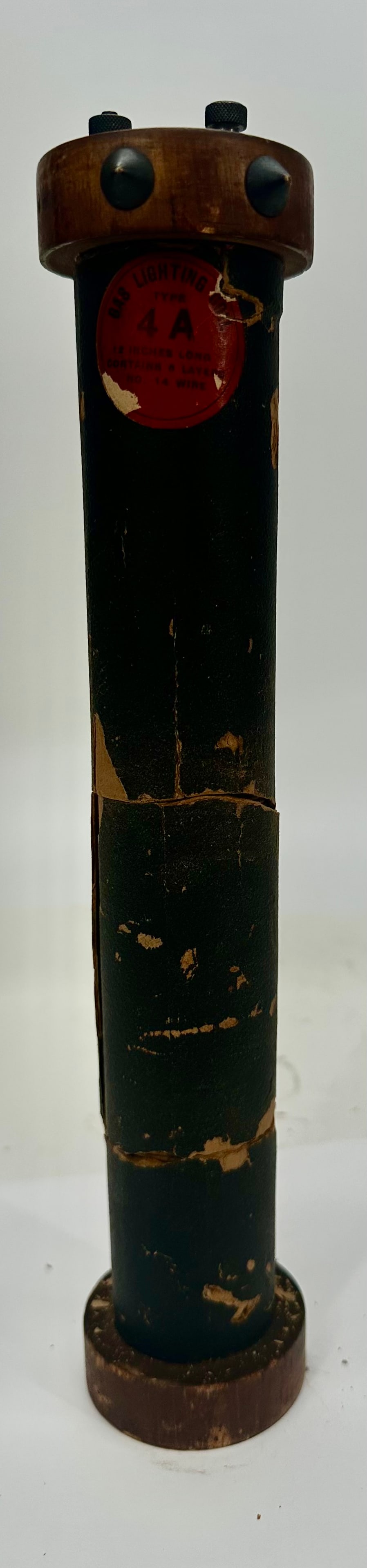 Antique Gas Lighting Type 4A Low Tension Ignition Coil 12”: Antique Type 4A gas lighting induction coil with original red paper label reading “Gas Lighting Coil.” Features wooden end caps with binding posts and a paper-wrapped coil body. Marked “12 I