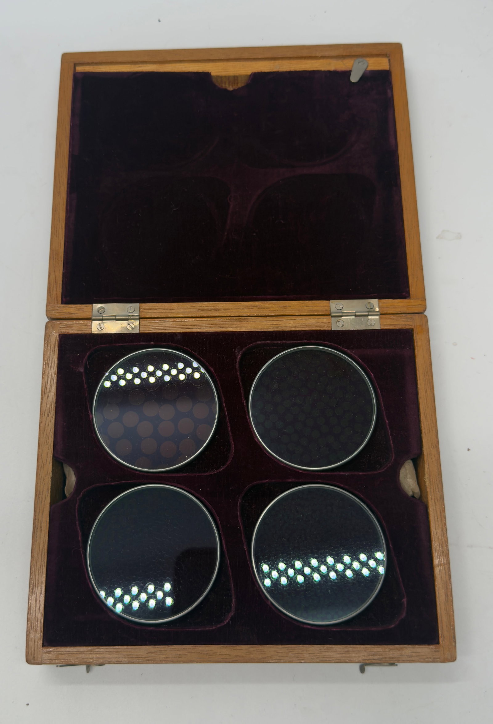 Canon Re-Screener Halftone Filter Set in Case: Vintage Canon Optical Tone Filter Re-Screener kit for graphic arts and commercial printing. Includes four circular halftone filters housed in the original velvet-lined wooden case, along with the Cano