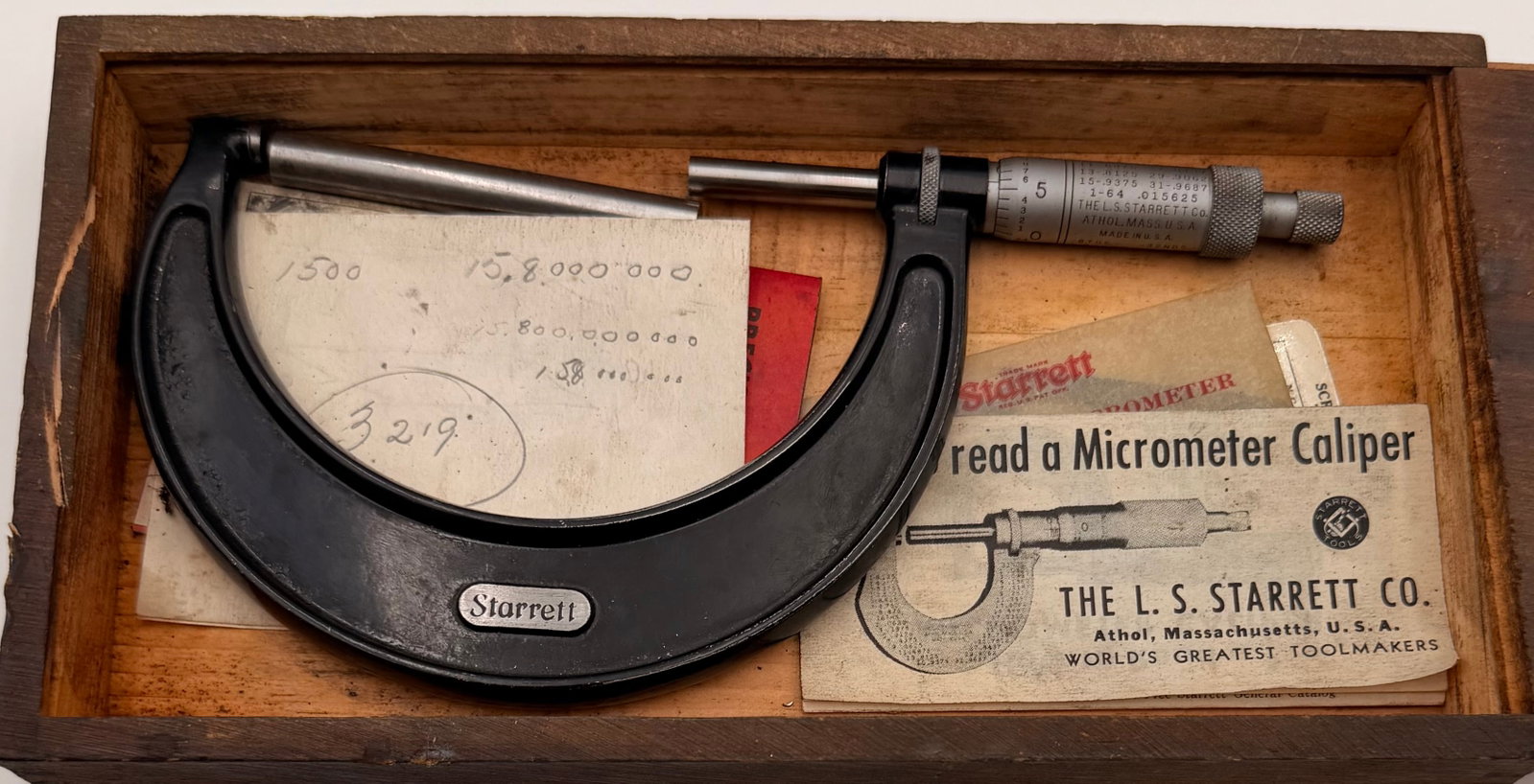 Starrett 436 Micrometer w/Wood Case: Vintage L.S. Starrett No. 436 Outside Micrometer in its original wooden storage case with instructional literature. This precision measuring tool features a satin chrome finish and a balanced frame fo