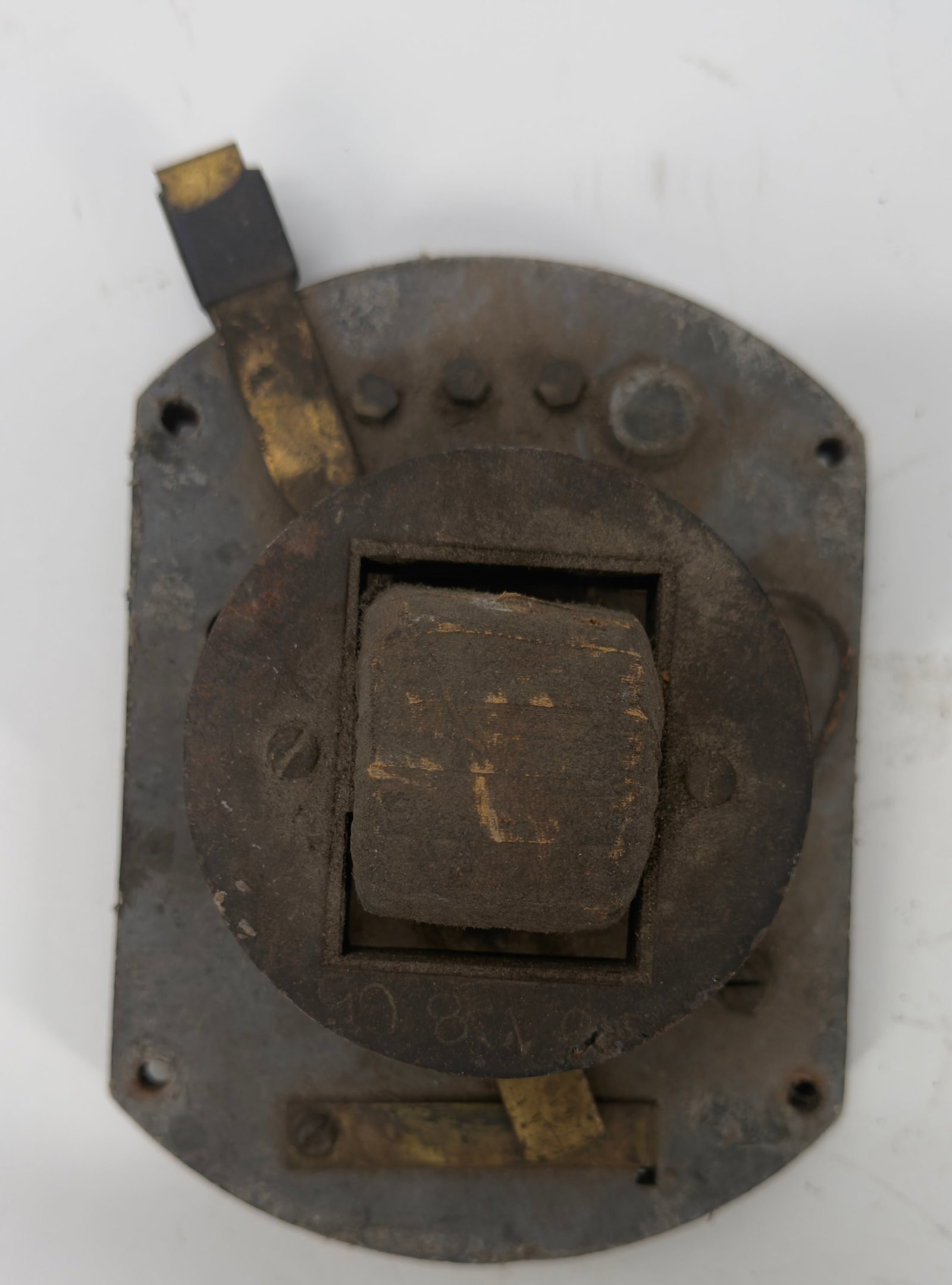 Antique Electrical Switch Controller Assembly c. 1910–1930: Original antique electrical switch/controller assembly featuring a cloth-wrapped electromagnetic coil, cast metal mounting plate, brass terminals, and lever mechanism. Likely removed from an early ind