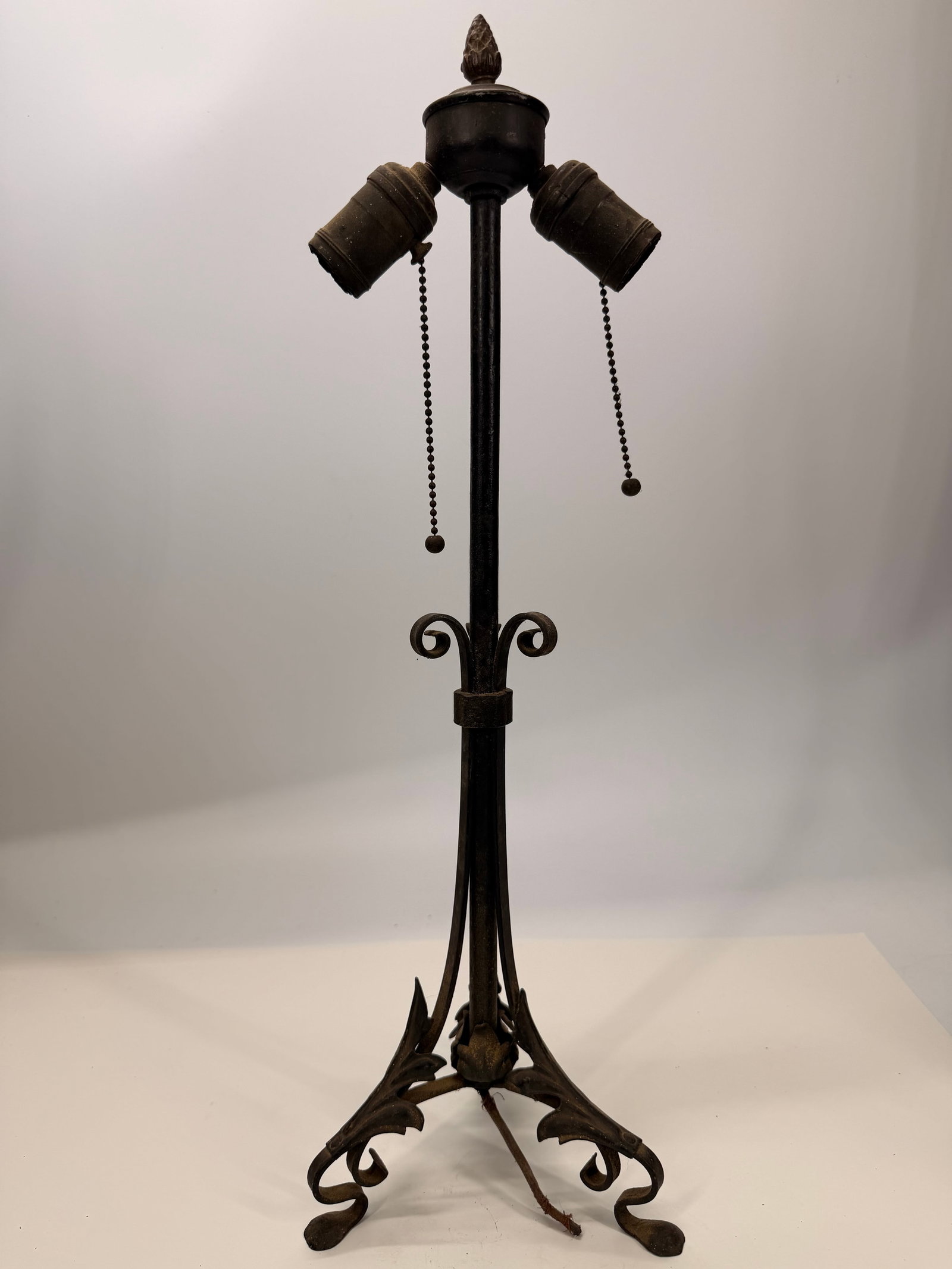 Meyda Tiffany Bronze Lamp Base w/ Dual Pull Chains: Vintage Meyda Tiffany bronze-finish table lamp base featuring ornate Art Nouveau/Renaissance-style cast metal legs, decorative finial, and two pull-chain sockets. Designed to hold a stained glass or m