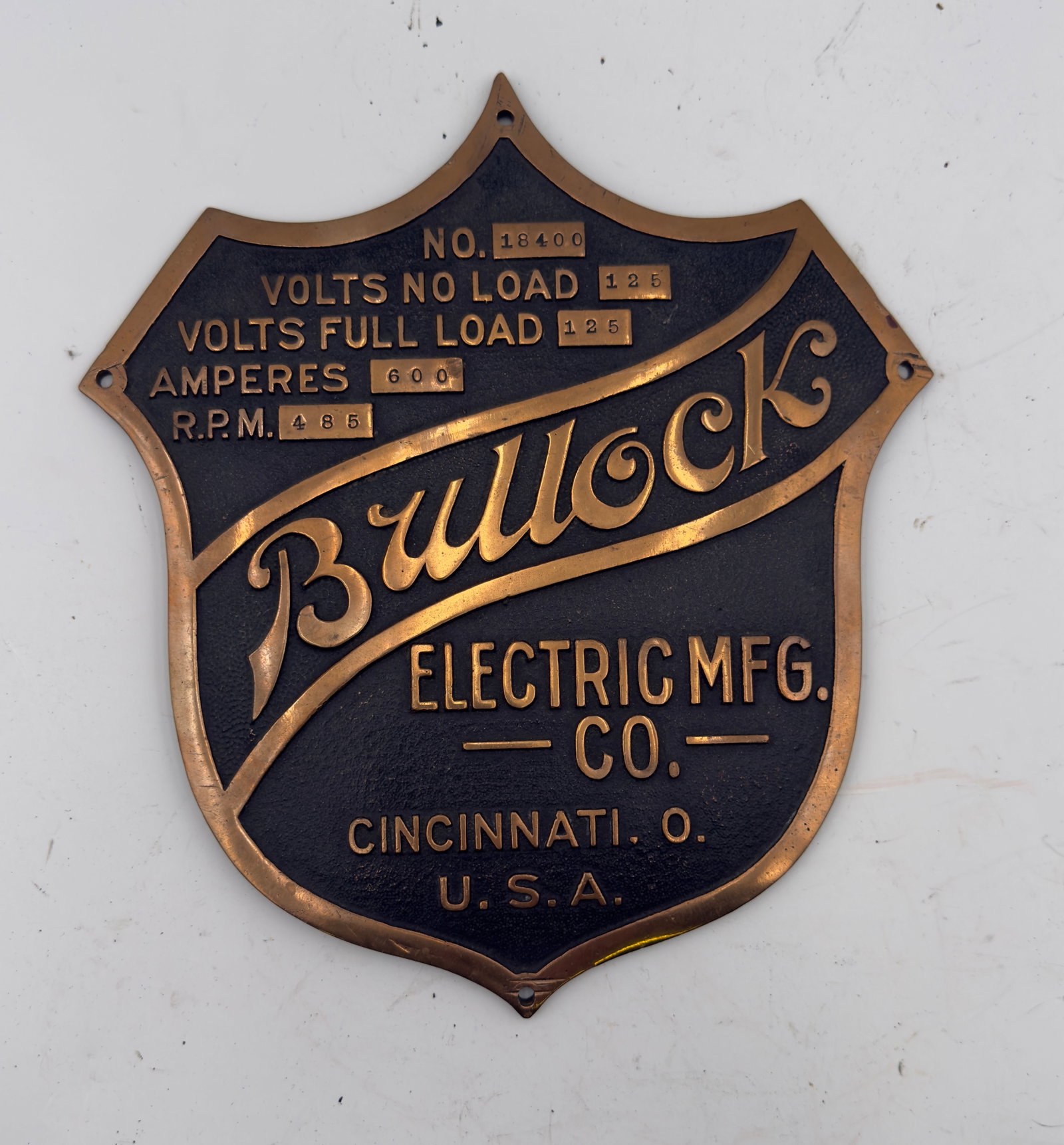 Antique Bullock Electric Mfg. Co. Brass Generator Nameplate c.1900 (1 of 6)
