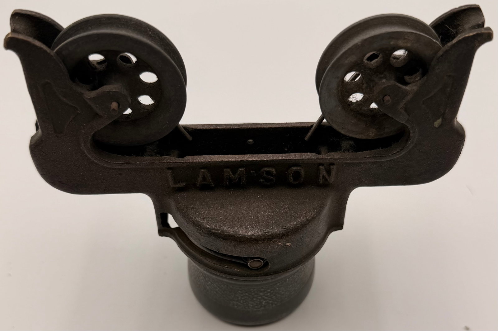 Antique Lamson Rapid Wire Cash Carrier: This antique Lamson Rapid Wire Cash Carrier is an original component from the overhead cash transport systems used in department stores during the late 19th and early 20th centuries. Featuring a cast 