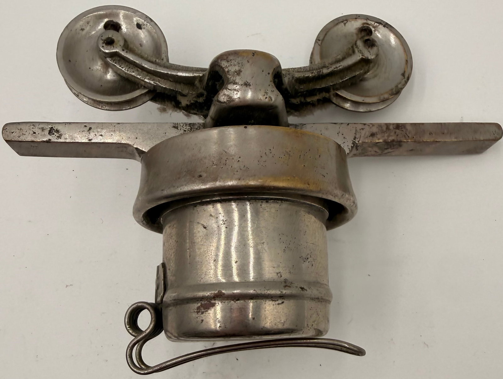 Antique Cash Carrier Wire Trolley Part: This antique overhead cash carrier trolley component is from the early store cash transport systems used in department stores during the late 19th and early 20th centuries. Designed to travel along su