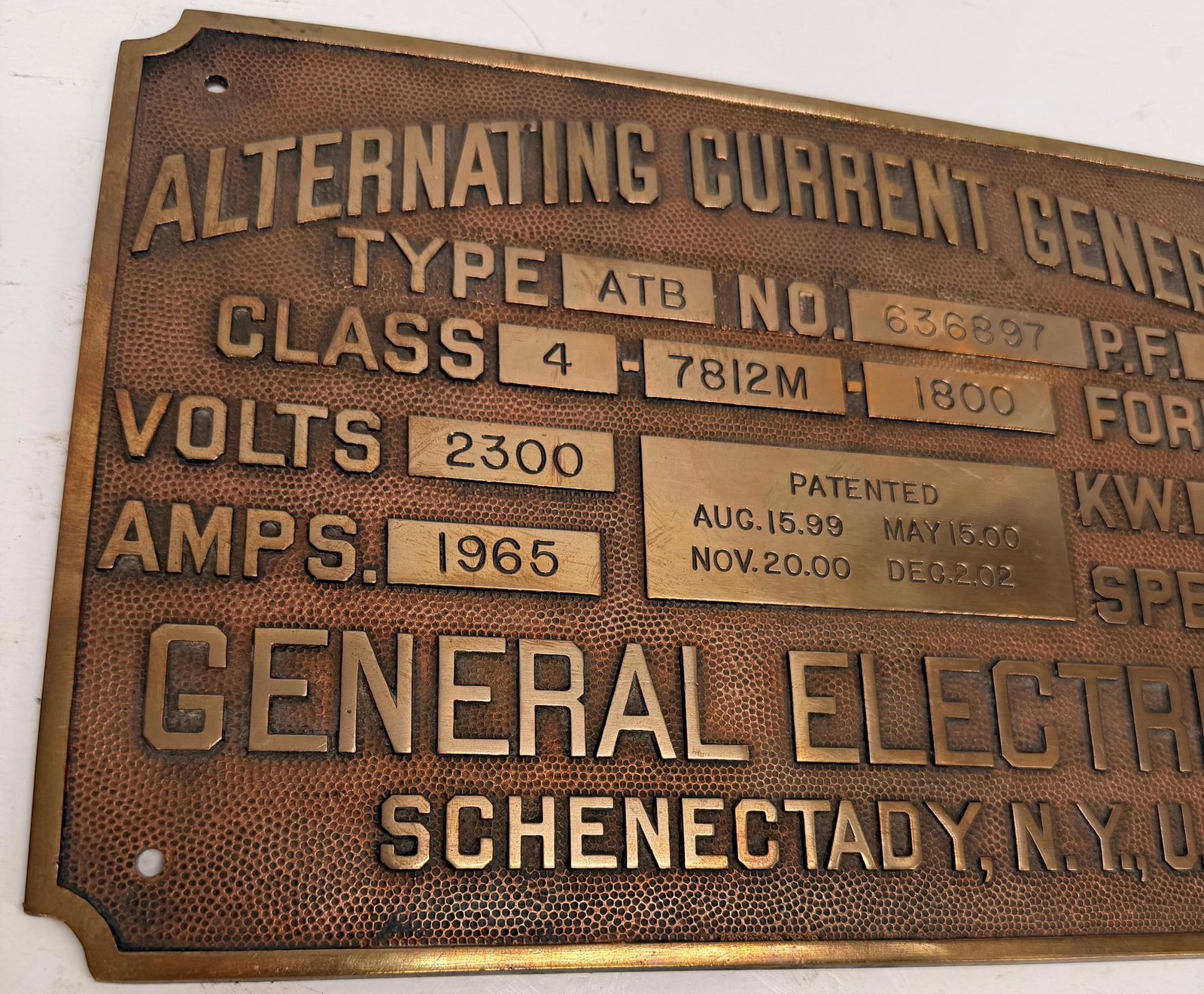 Antique GE Generator Brass Nameplate Schenectady - 2