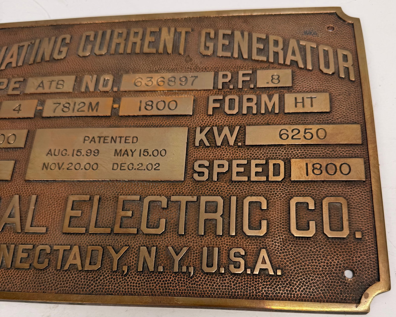 Antique GE Generator Brass Nameplate Schenectady - 3