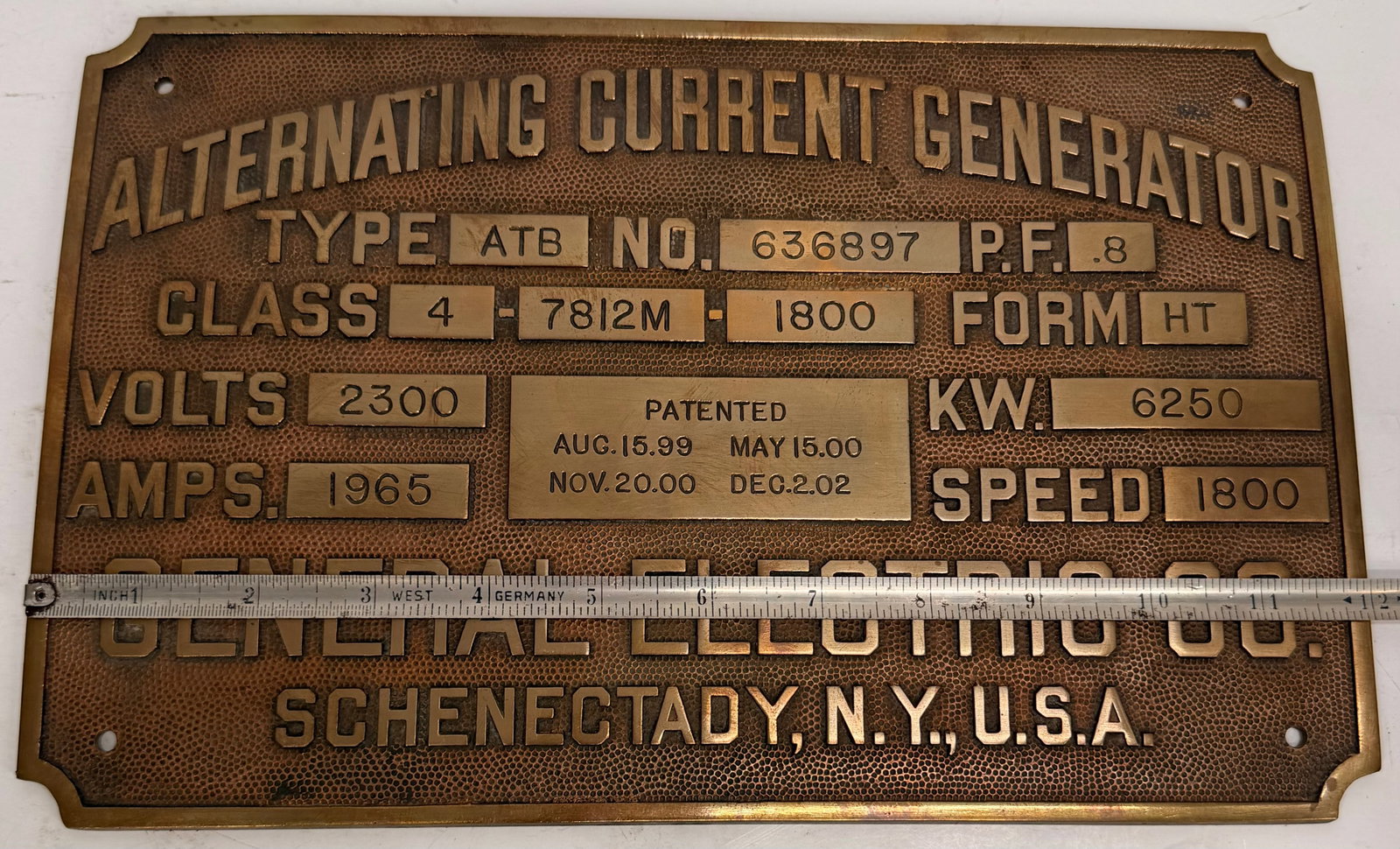 Antique GE Generator Brass Nameplate Schenectady - 4