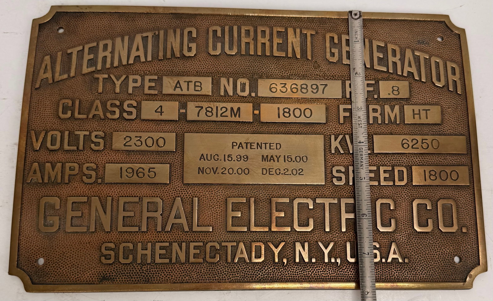 Antique GE Generator Brass Nameplate Schenectady - 5