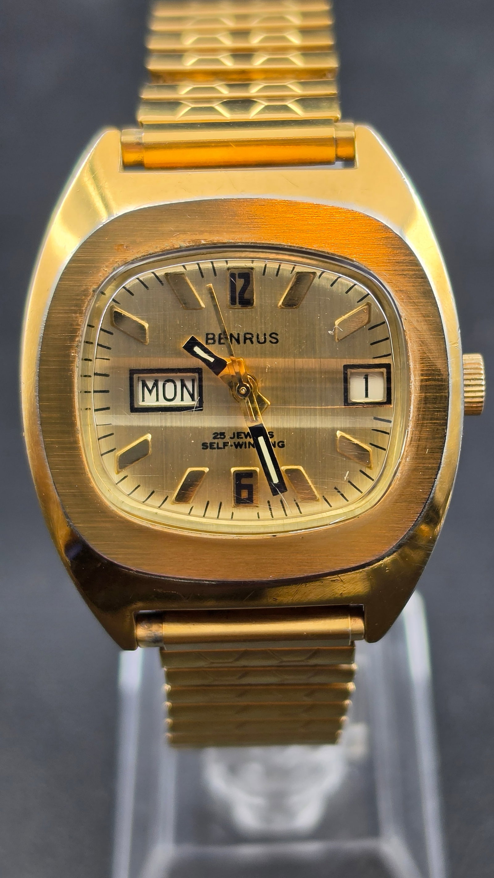 Vintage Benrus 25 Jewel Self-Winding Day/Date Watch, Gold Tone Cushion Case, c.1970s