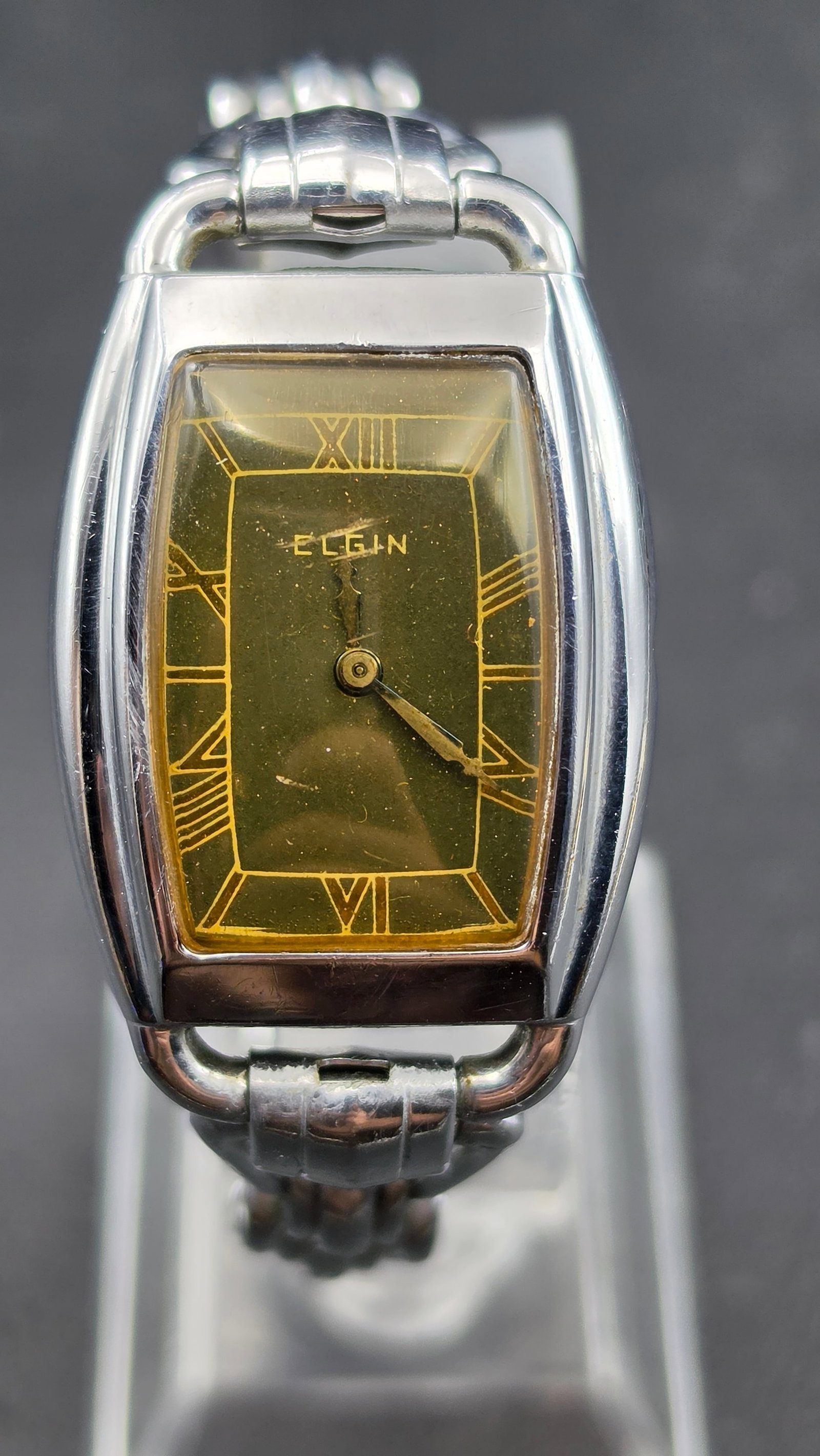 Vintage Elgin Ladies Art Deco Tonneau Wristwatch, Stainless, Illinois Case Co., c.1920-21