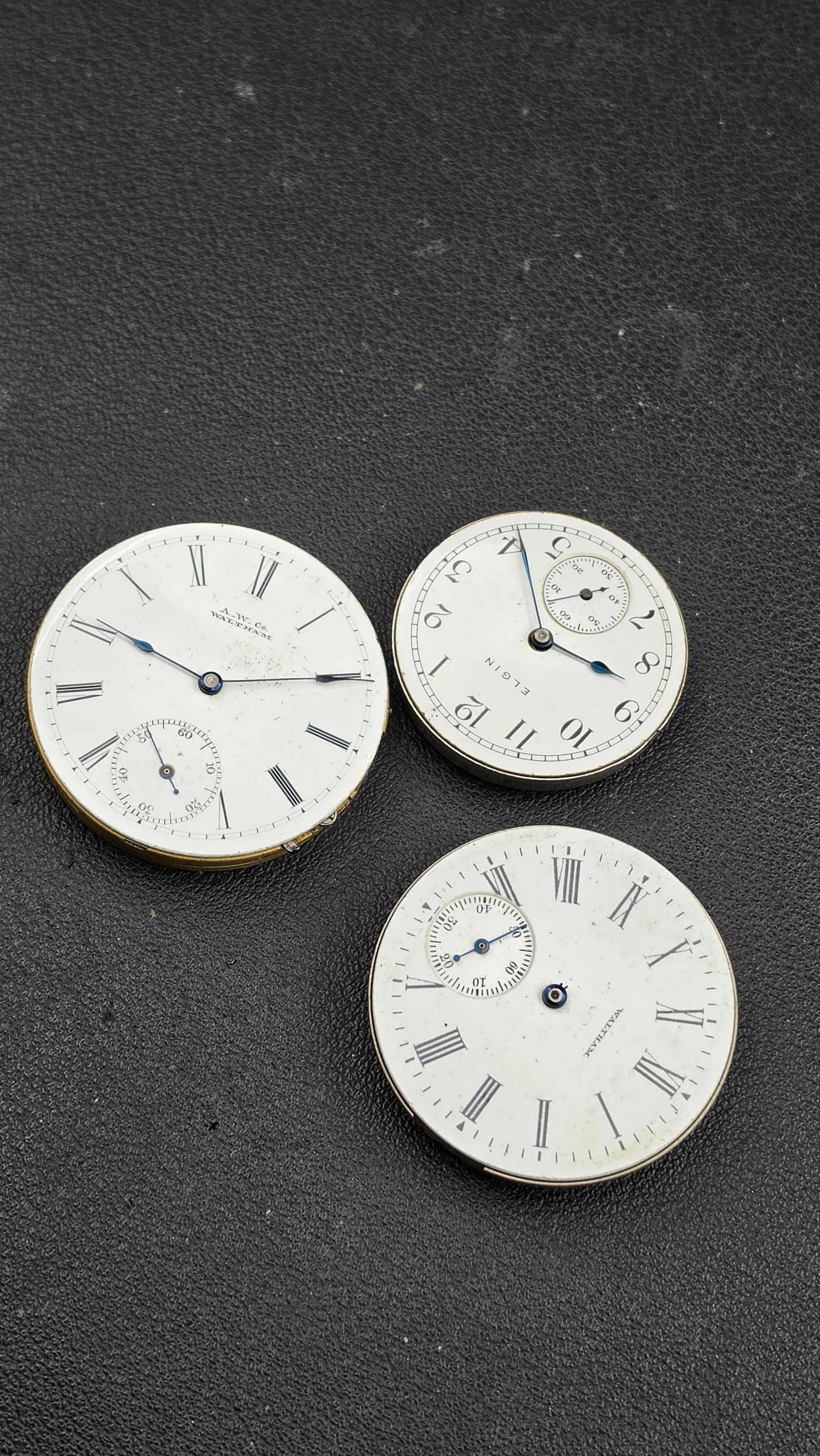 Lot of 3 Antique American Pocket Watch Movements w/ Dials — Elgin & Waltham, c.1886-1909 (1 of 7)