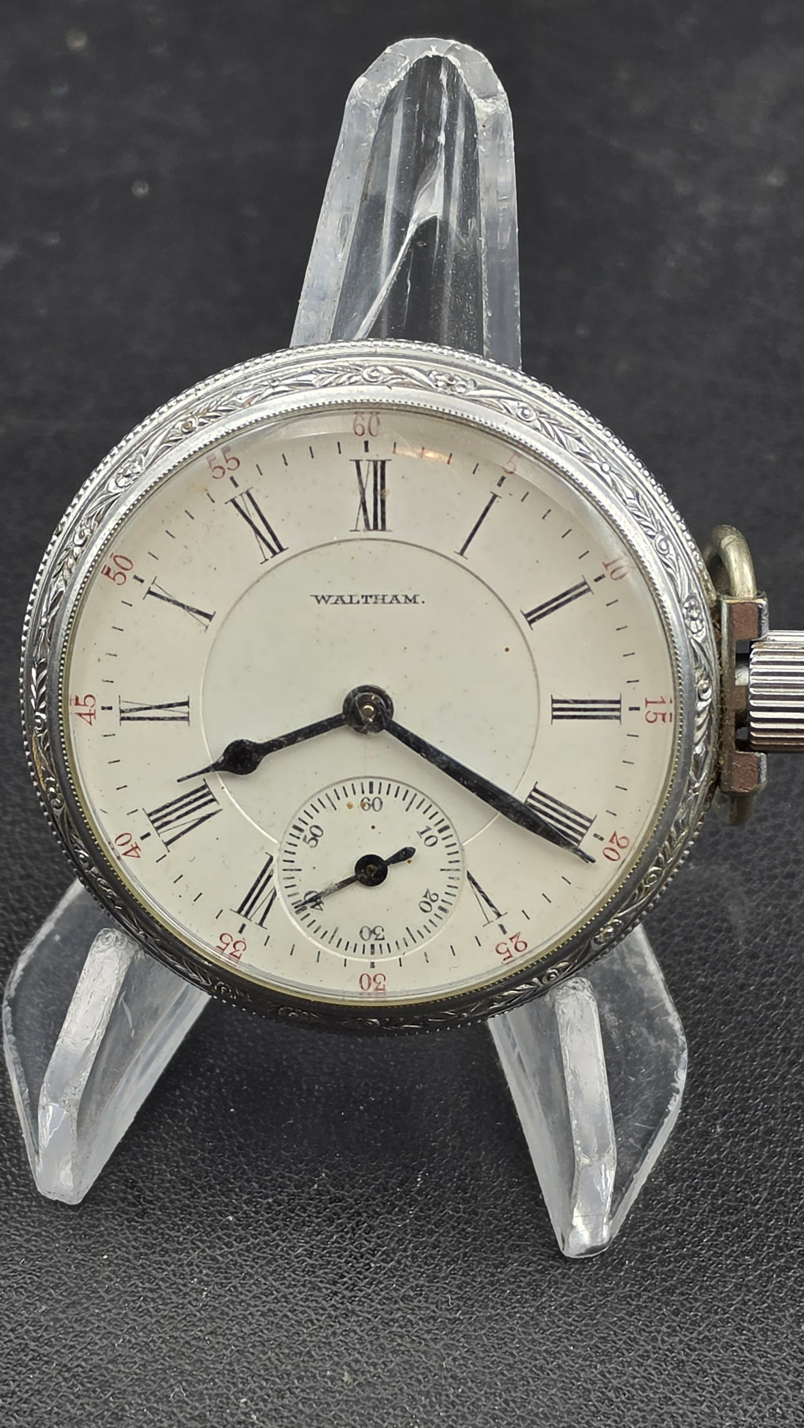1907 Waltham Royal Grade 16s 17j Pocket Watch, Movement #16121827, Defiance Case: American Waltham Watch Co., Waltham, Massachusetts. Movement serial #16121827 (confirmed matching the engraved movement plate exactly), grade Royal, Model 1899, estimated production 1907 (run 81 of 95