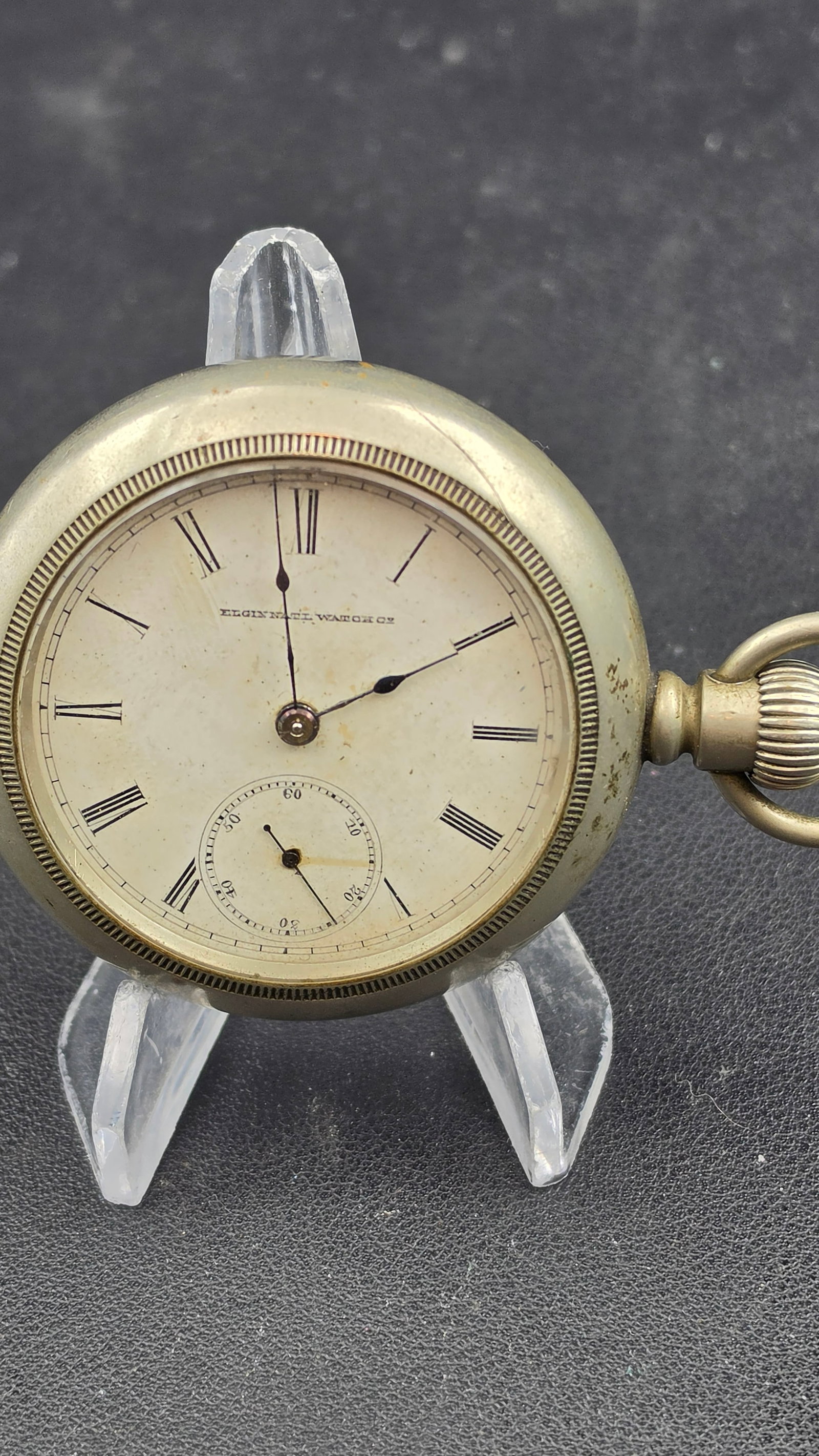 1884 Elgin Grade 6 18s 7j Pocket Watch, Movement #1322390, Silveroid Case,: Elgin National Watch Co., Elgin, Illinois. Movement serial #1322390 (confirmed matching the engraved movement plate exactly), grade 6, Model 4, Series 4, Class 6, estimated production 1884 (run 5 of 7