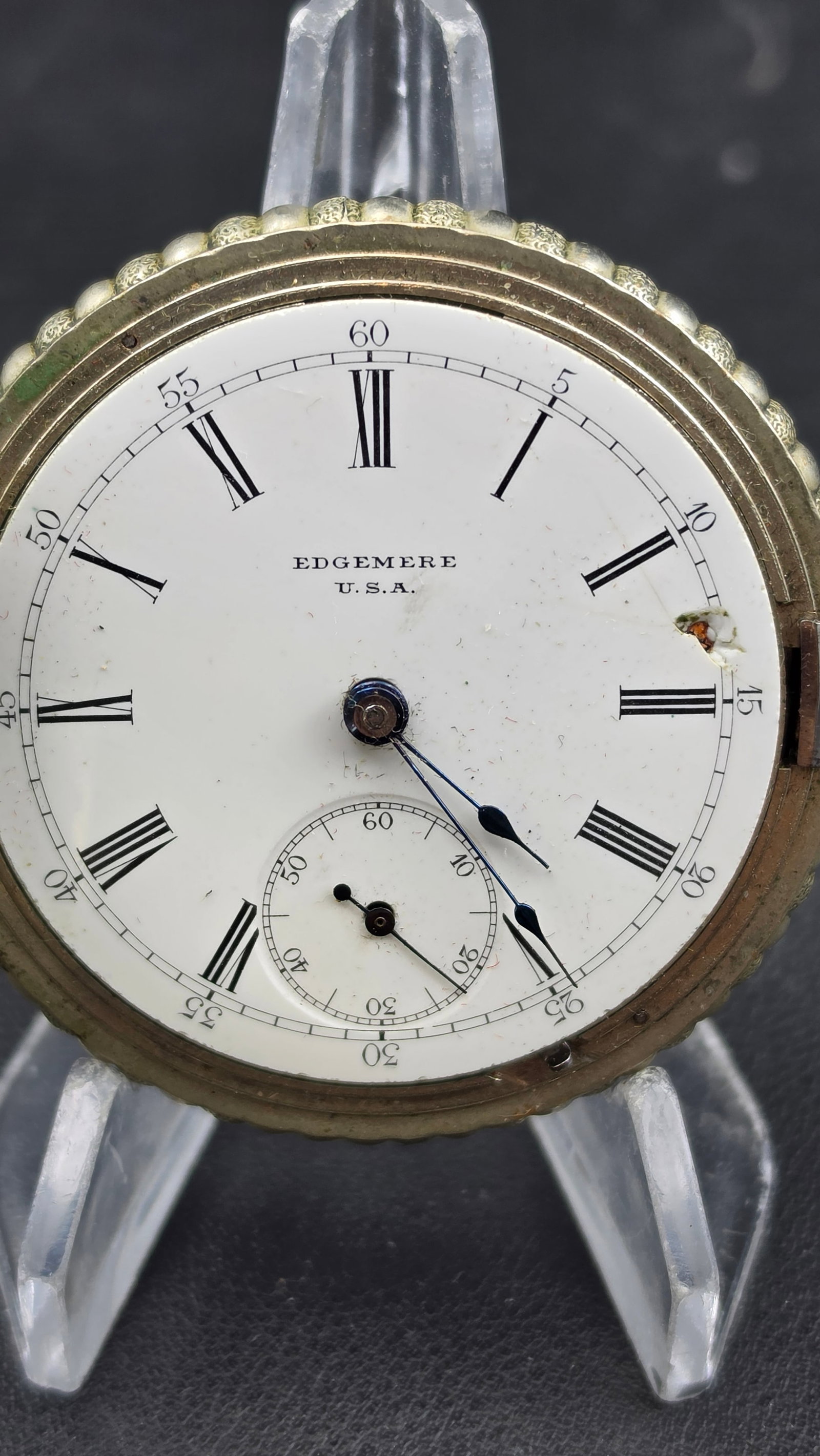 Antique Edgemere Chicago "Alaska Silver" Pocket Watch, Stag-Engraved Case, Circa 1900–1908: This is a private-label American pocket watch signed "Edgemere U.S.A." on the dial and "Edgemere, Chicago, Ill." on the movement — a contract brand of this era, typically produced by a lower-tier Am