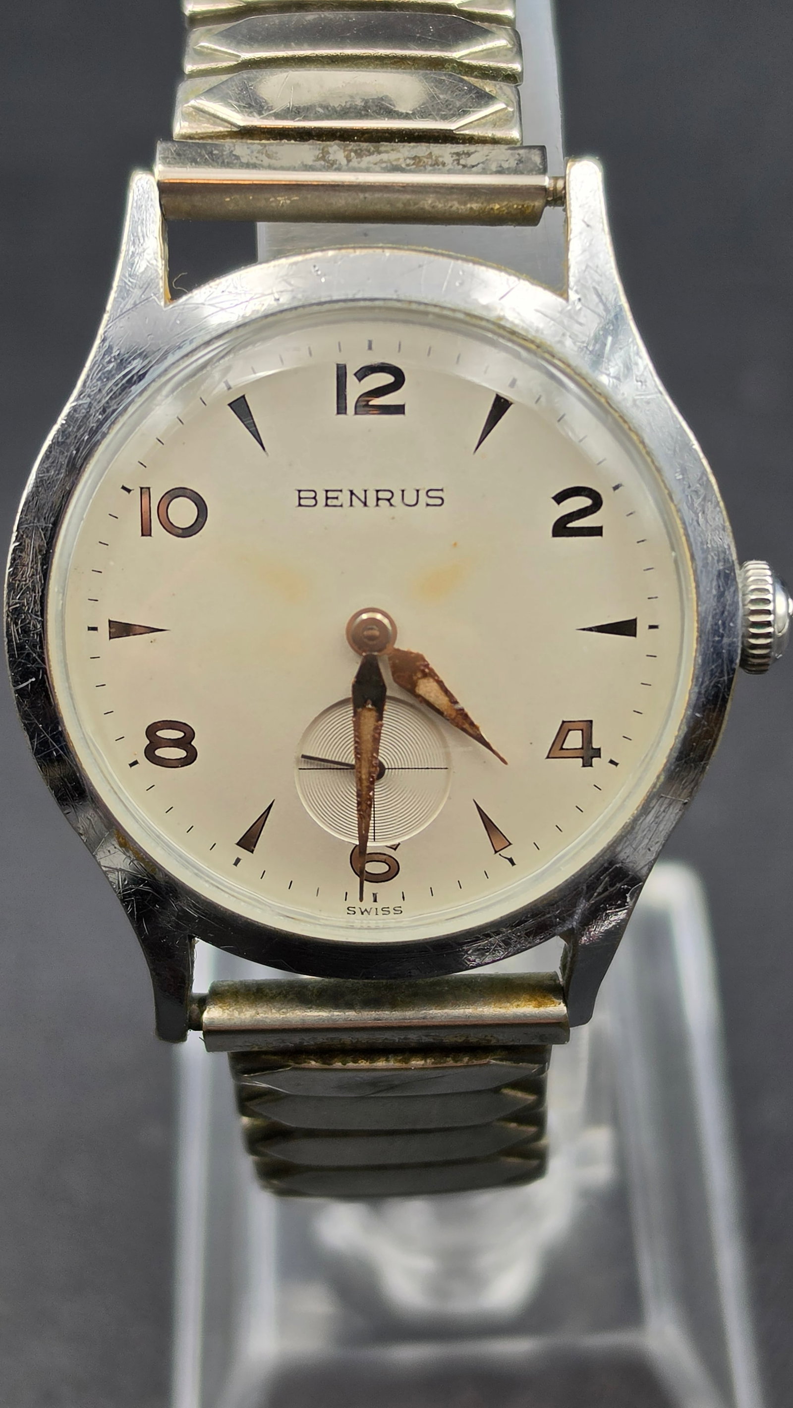 1950s Benrus Chrome Plated Stainless Steel Wristwatch Model DN10 Seven 7 Jewels 33.24mm