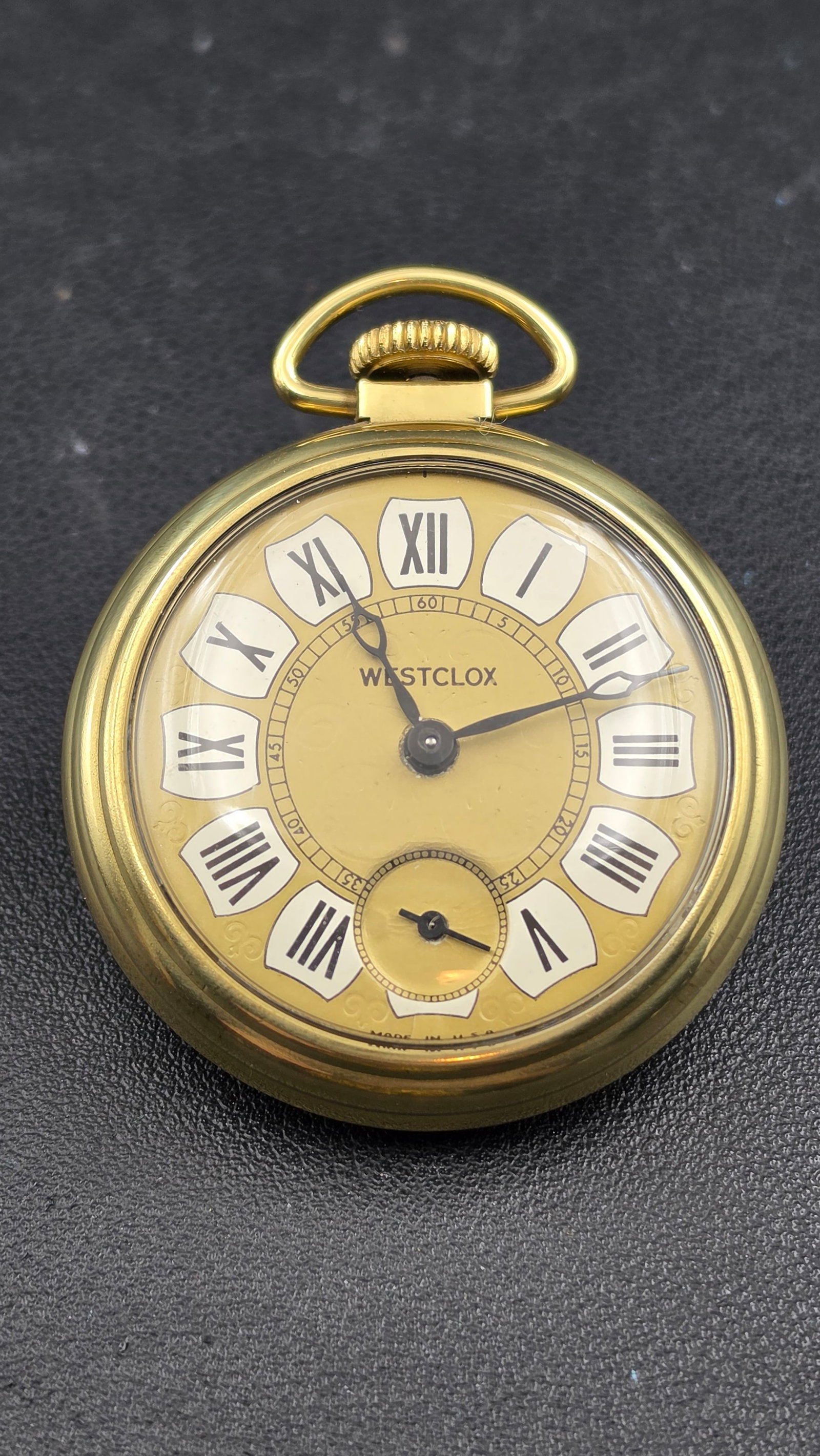 Westclox Antique Style Belt or Desk Pocket Watch, 1950s-1960s, Shield Numeral Dial, Original Box, Ru