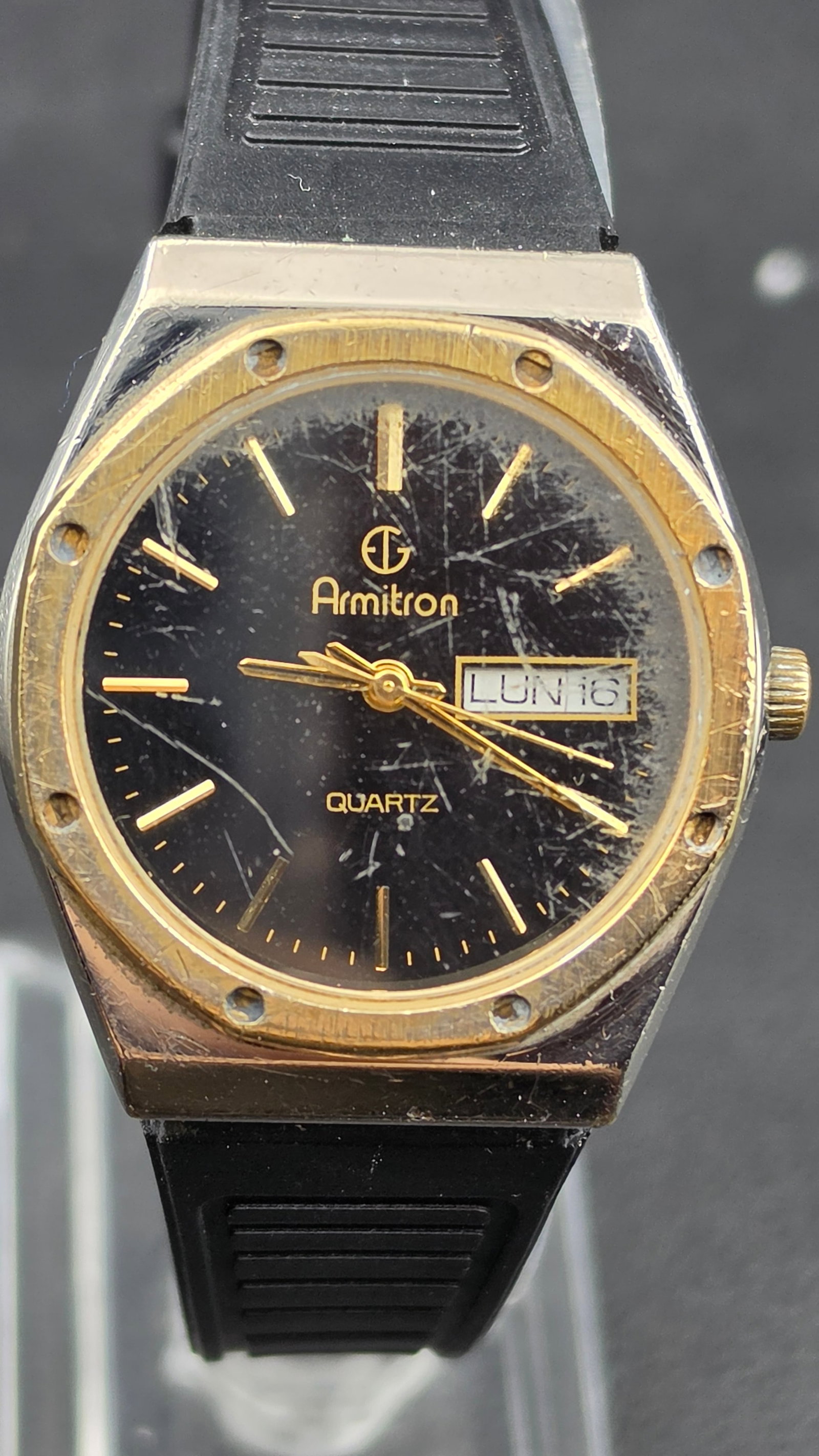 Armitron Quartz Day Date Watch, Black Dial, Two Tone Case, Screw Bezel, New Battery (1 of 8)