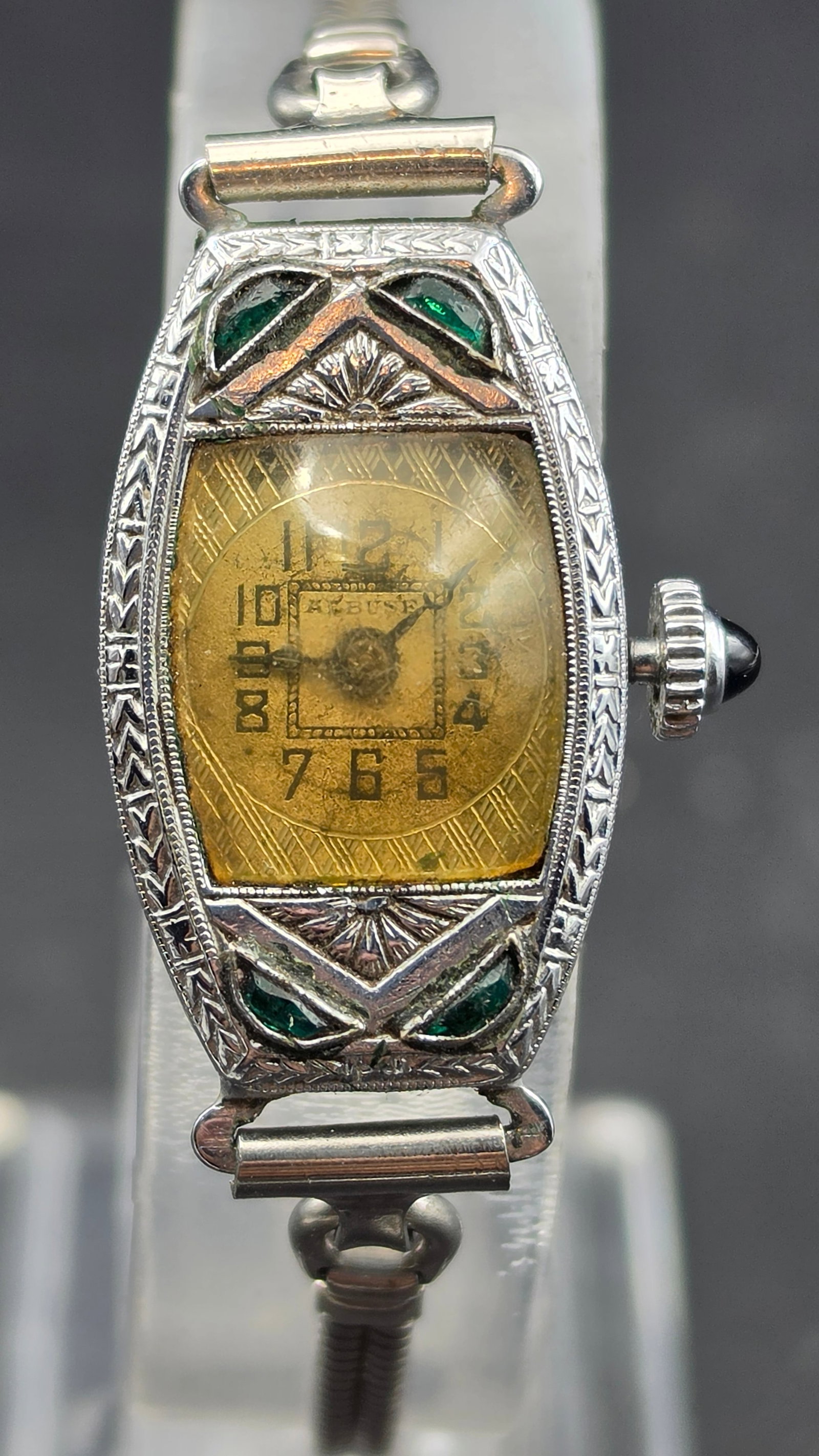 Albuse Art Deco Ladies Watch 15 Jewel Filigree Case Green Enamel Accents Running (1 of 12)