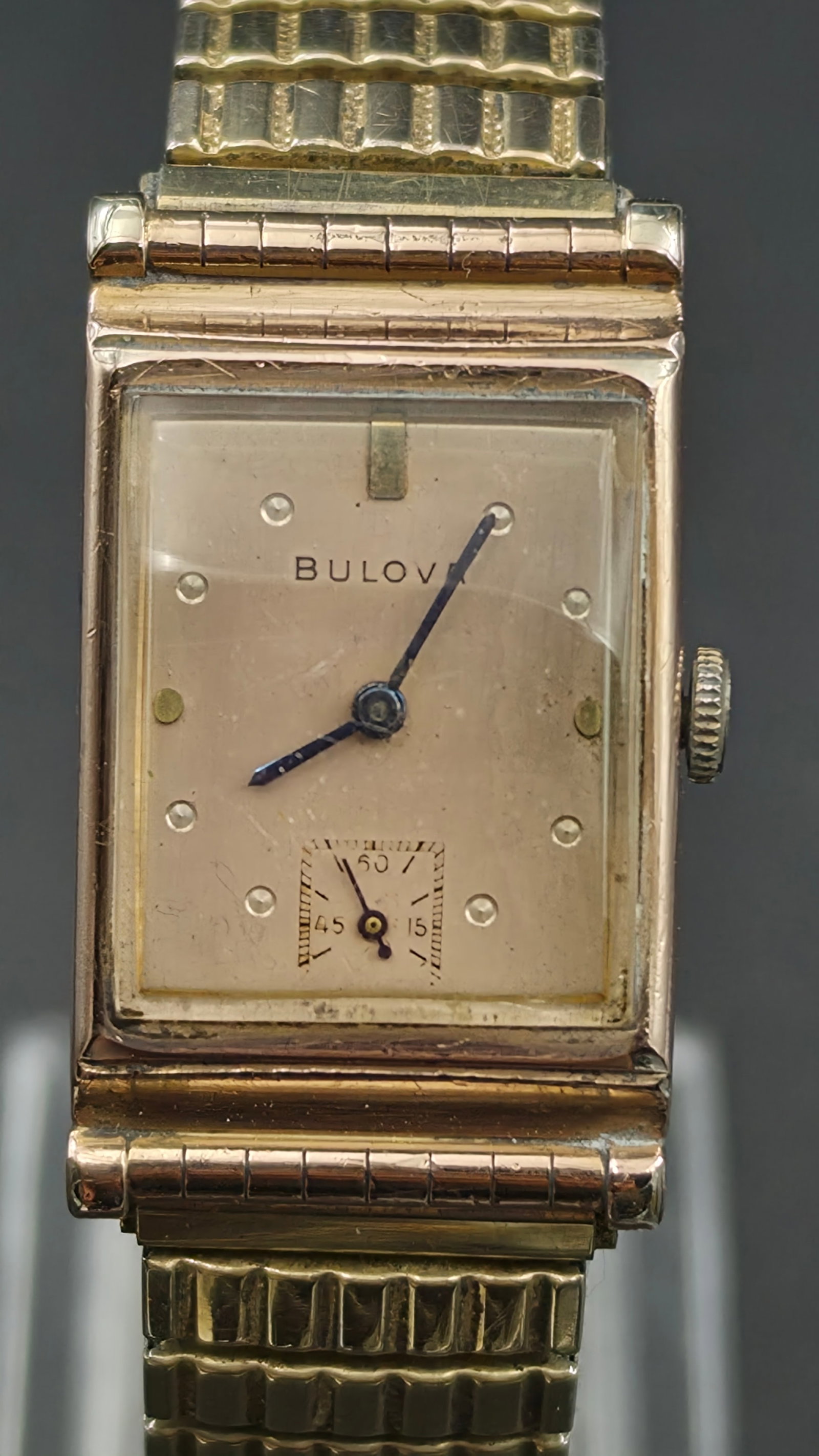 1940s Bulova 17 Jewel Cal 7AP Rectangular Wristwatch 14K Gold Filled