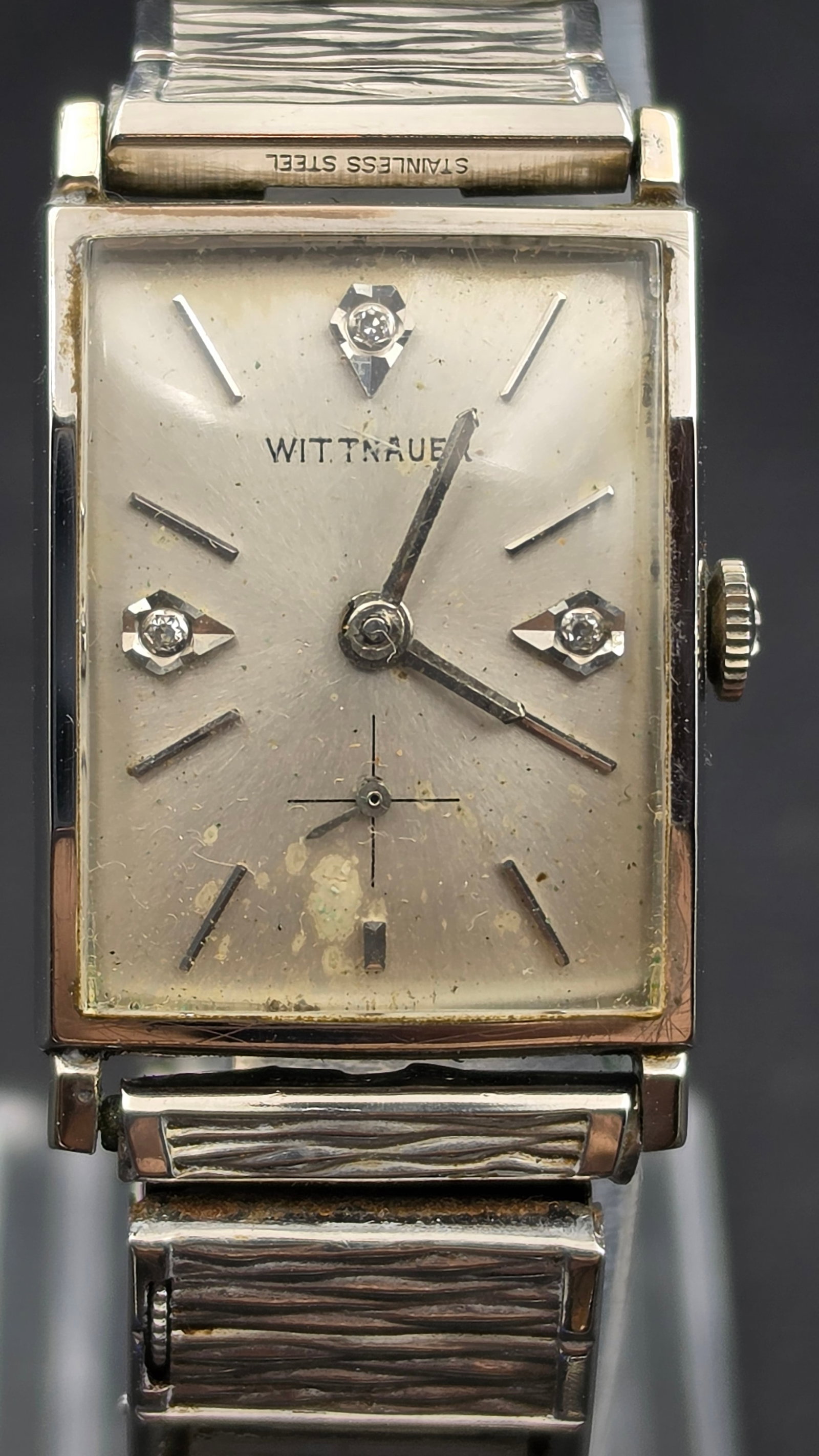 Vintage 1969 Wittnauer 17 Jewel Diamond-Dial Tank Watch, 10K White Gold Filled, Calendar Bracelet