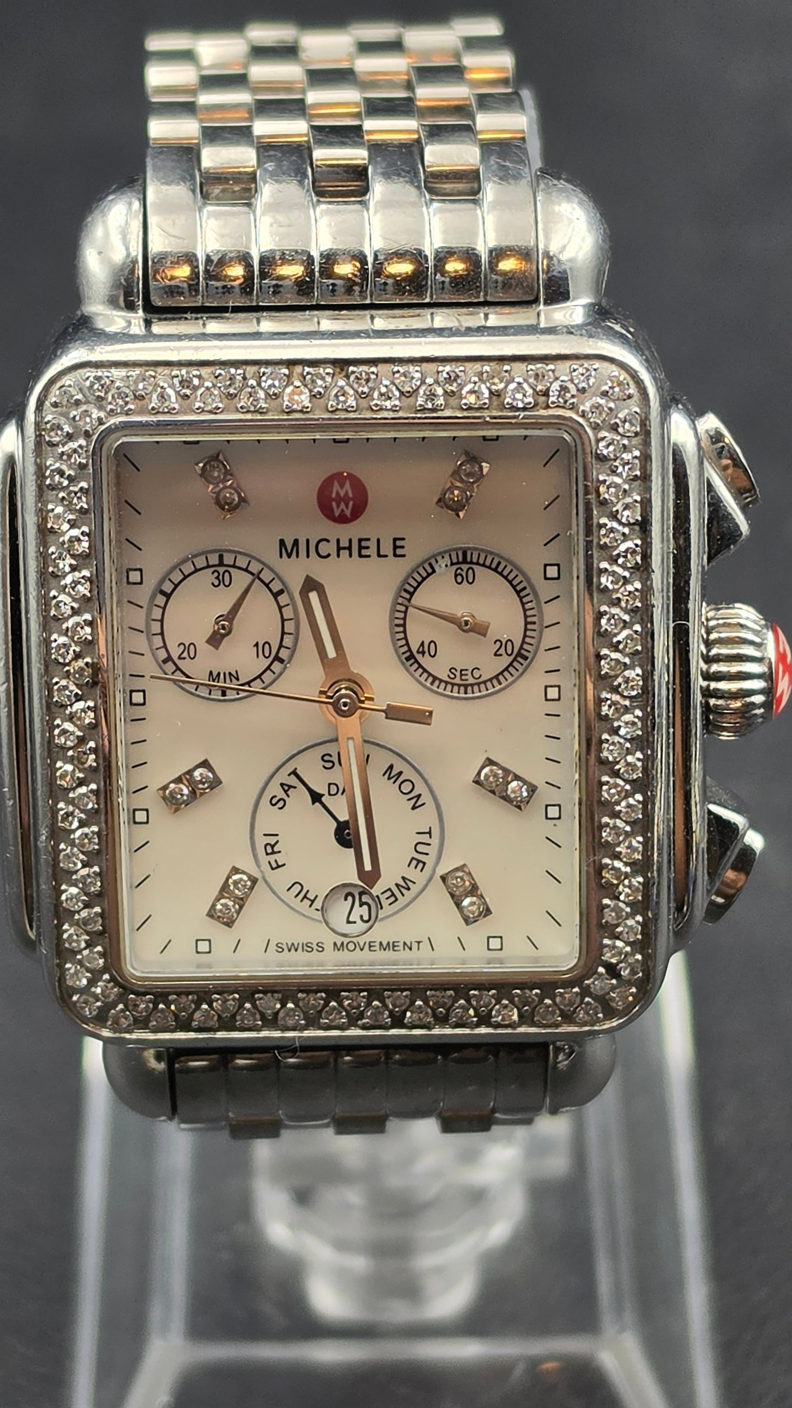 Michele Deco Diamond MW06P01A1046 Stainless Steel Chronograph Watch New Battery (1 of 10)