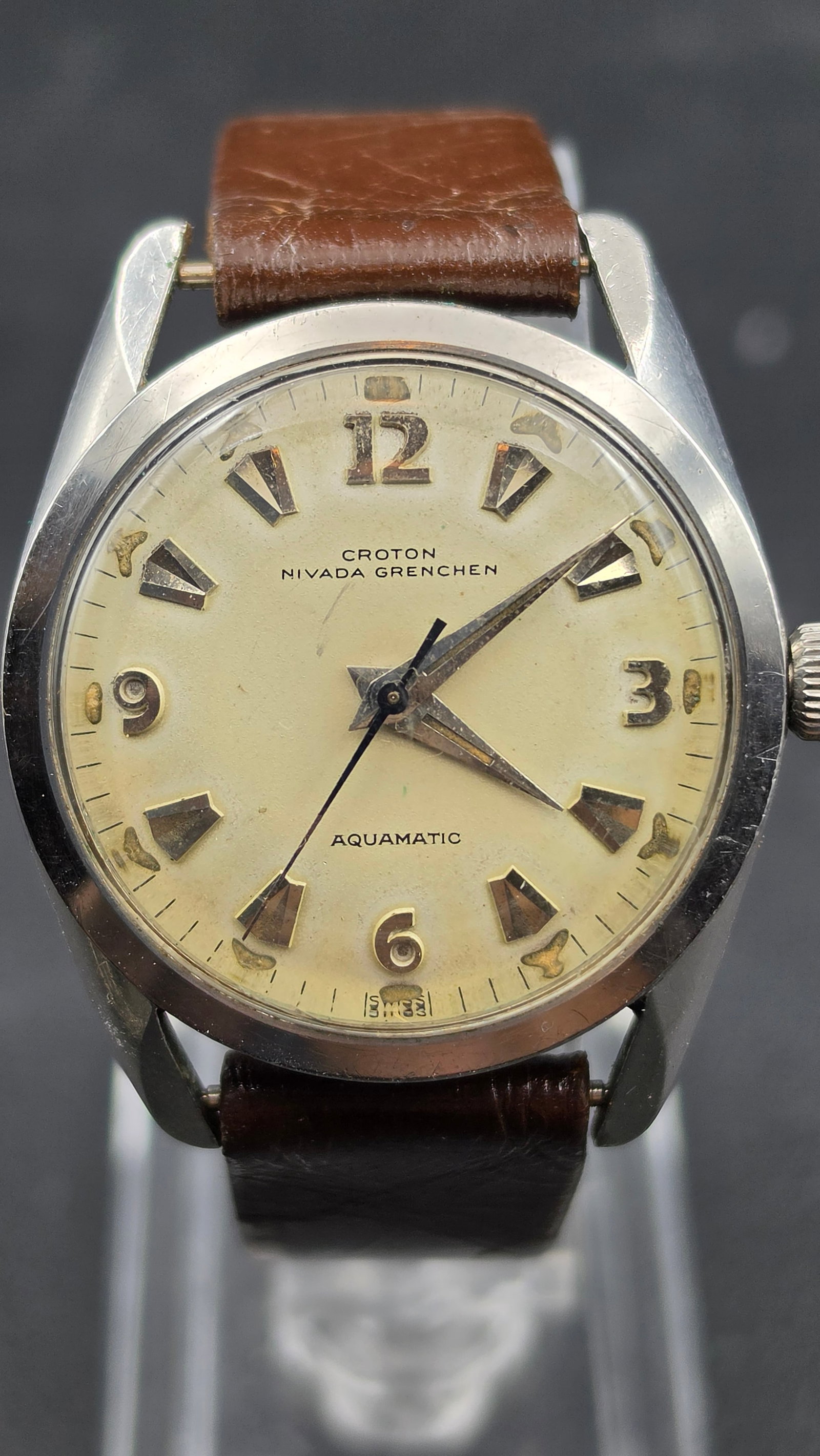1950s Croton Nivada Grenchen Aquamatic Automatic Watch 17 Jewels 34mm