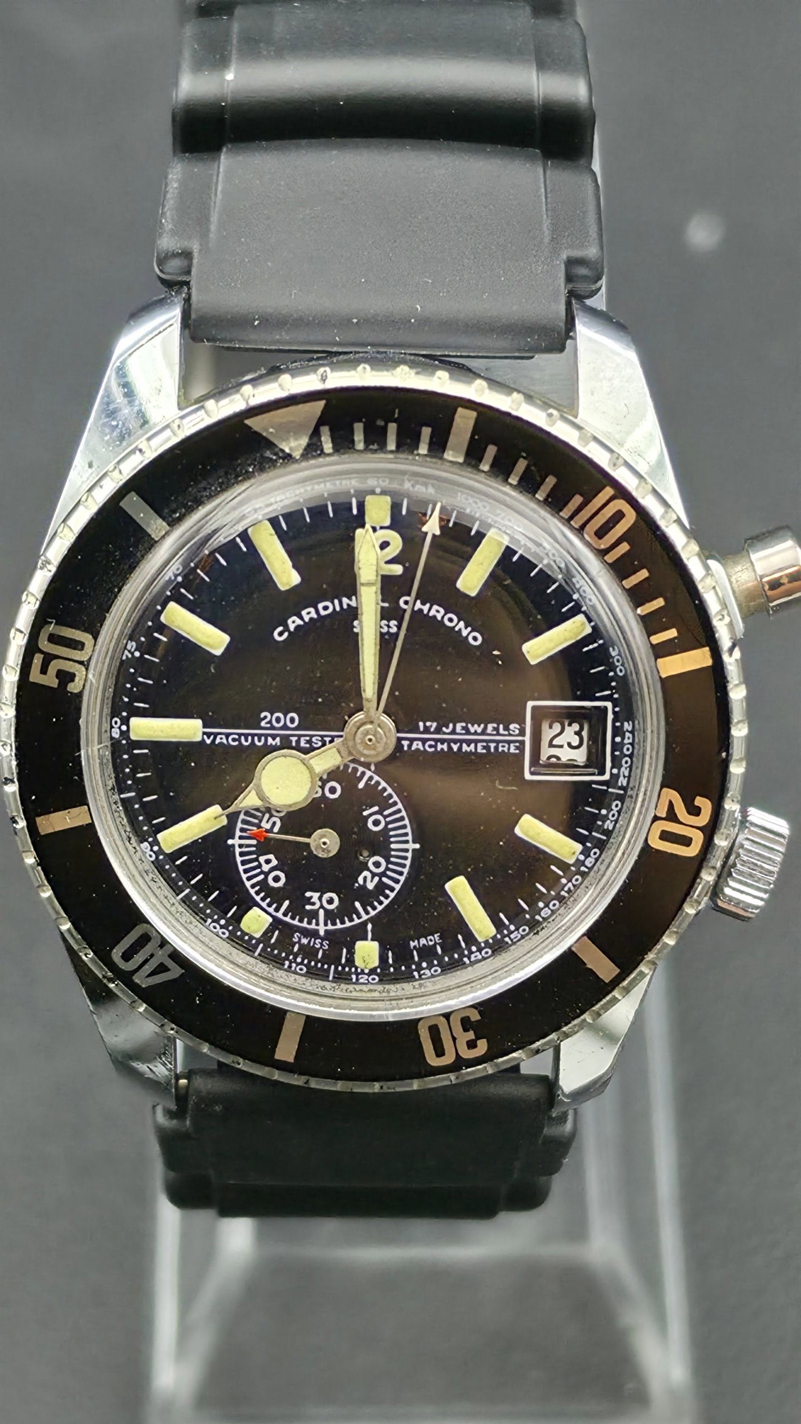 Vintage 1970s Cardinal Chrono Swiss Diver Watch Stainless Steel 17 Jewel Black Dial Rotating Bezel (1 of 9)