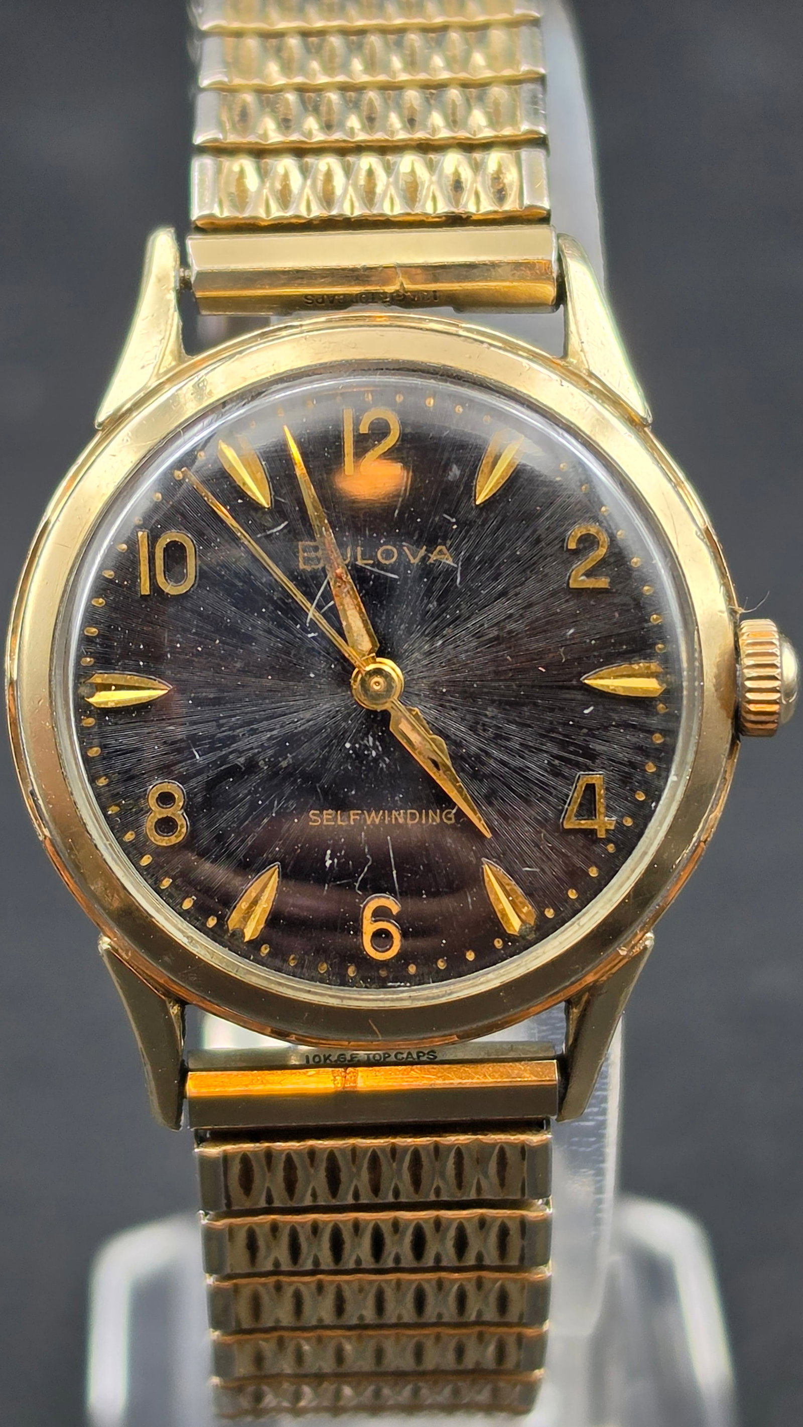 1960s Bulova Self-Winding Automatic Wristwatch, 10K RGP Bezel, Black Dial, 10K Gold Filled Speidel B (1 of 11)