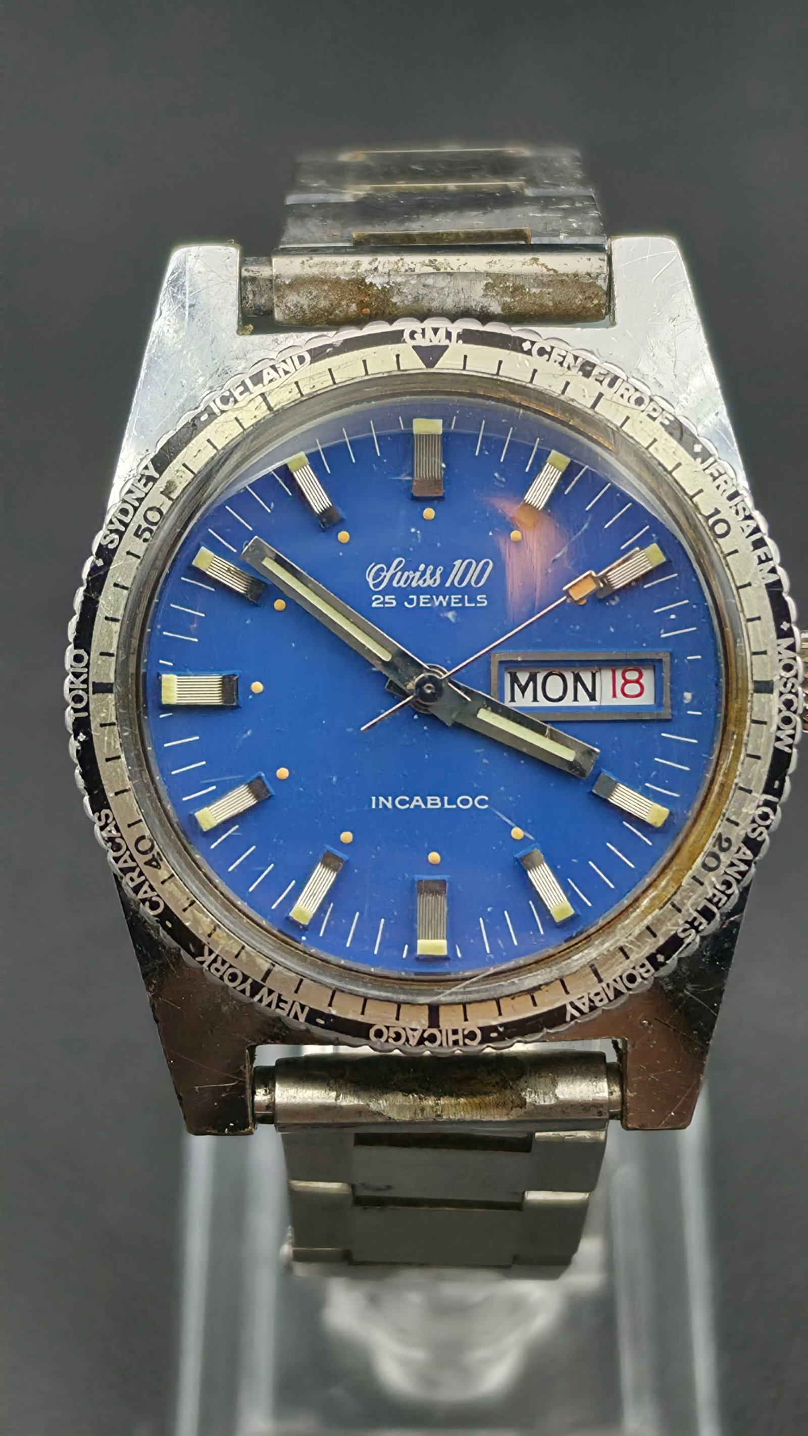 Vintage Swiss 100 25 Jewel Automatic GMT World Time Bezel Blue Dial Mens Watch (1 of 12)