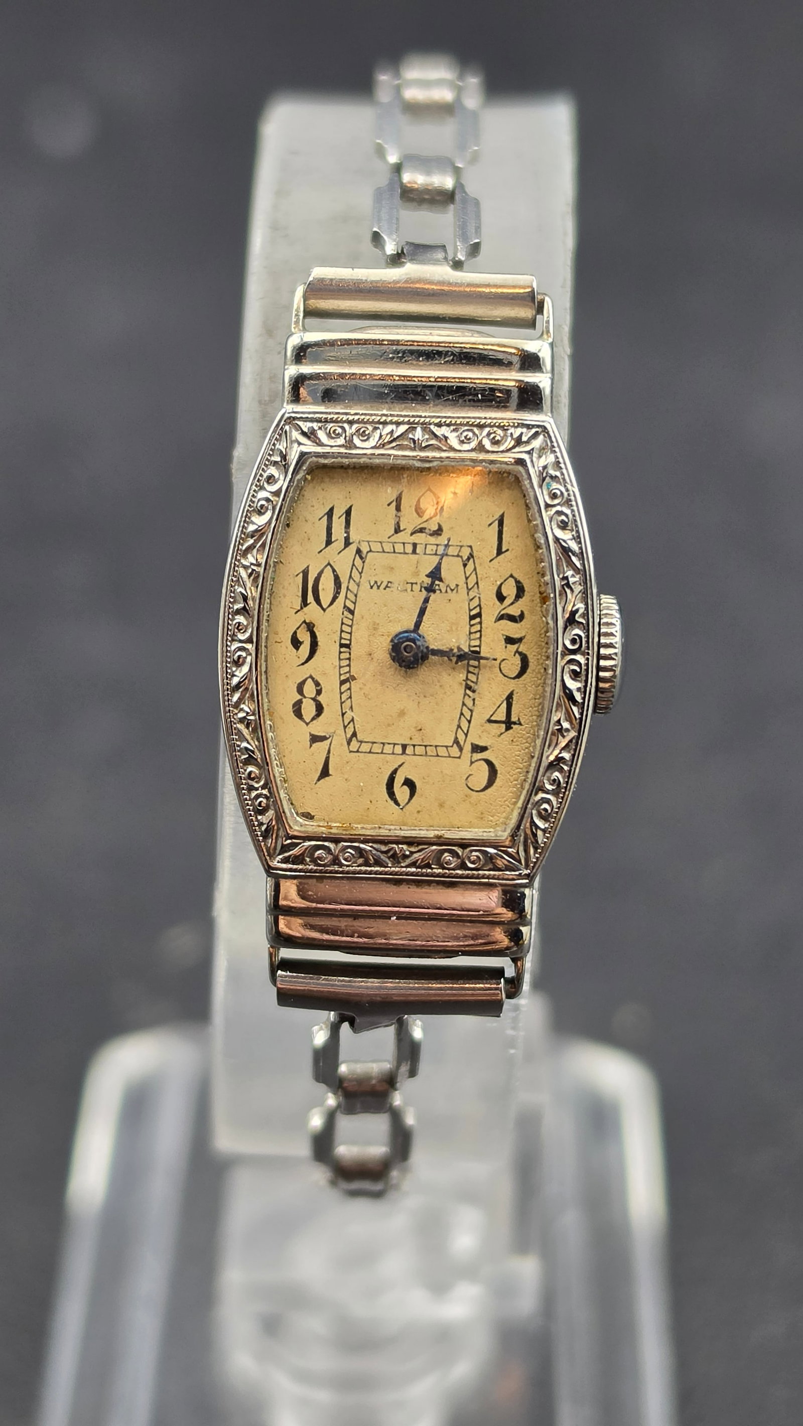 Waltham Wadsworth 1930 14K White Gold Filled Tonneau Ladies Watch, 15 Jewel Movement, Patent 4-22-30: This is a 1930s Waltham ladies wristwatch in a tonneau-shaped 14K white gold filled case made by Wadsworth, with an engraved scrollwork bezel and case back marked Waltham, Wadsworth Quality, 14 Karat 