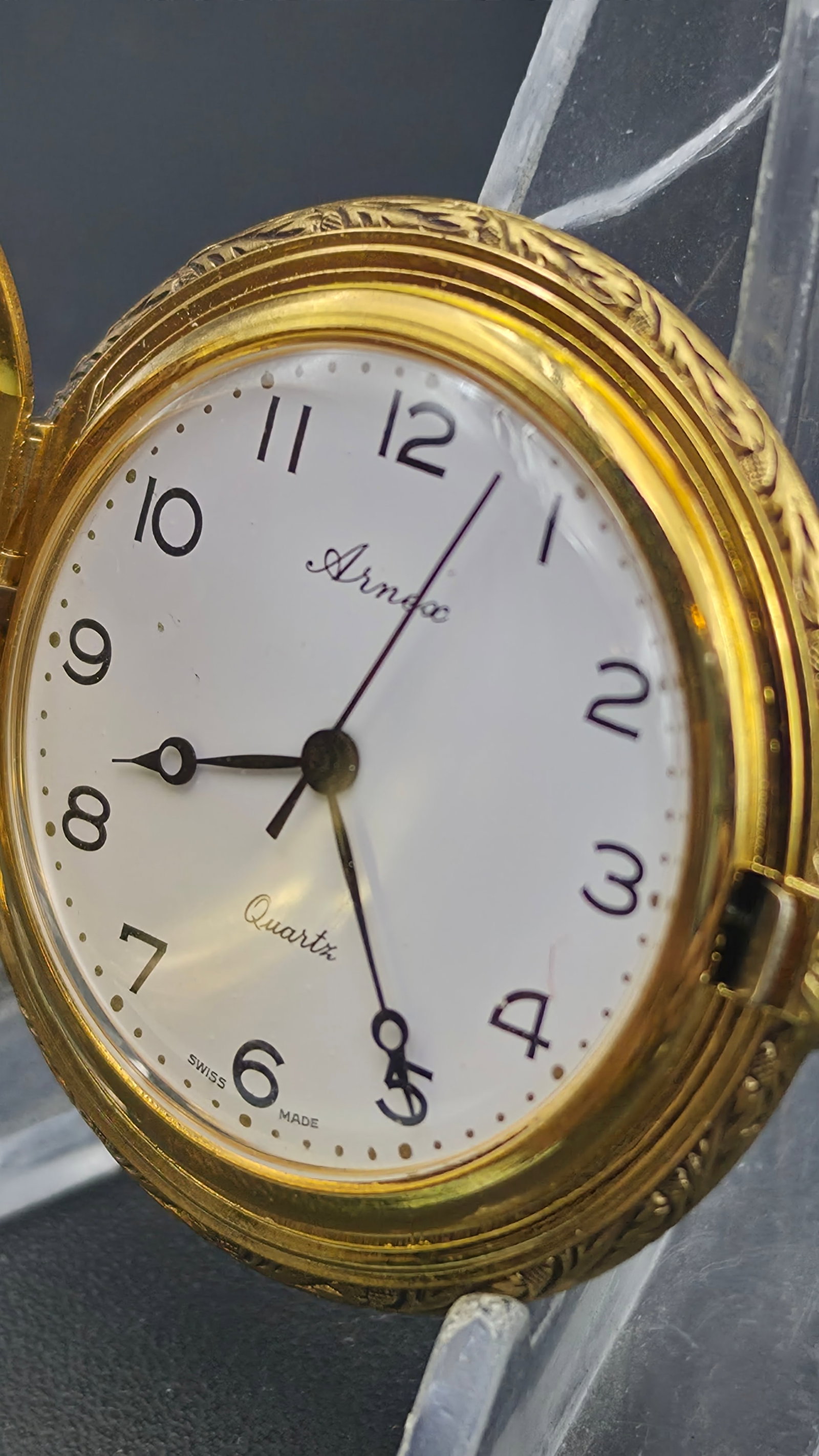 Arnex Swiss Made Quartz Pocket Watch and Folding Knife Set with Chain, Engraved Hunting Scene Case,: This Arnex boxed set pairs a gold-tone Swiss made quartz pocket watch with a matching folding pocket knife on a fob chain, both cased in the original Arnex presentation box with the 1 Year Limited War