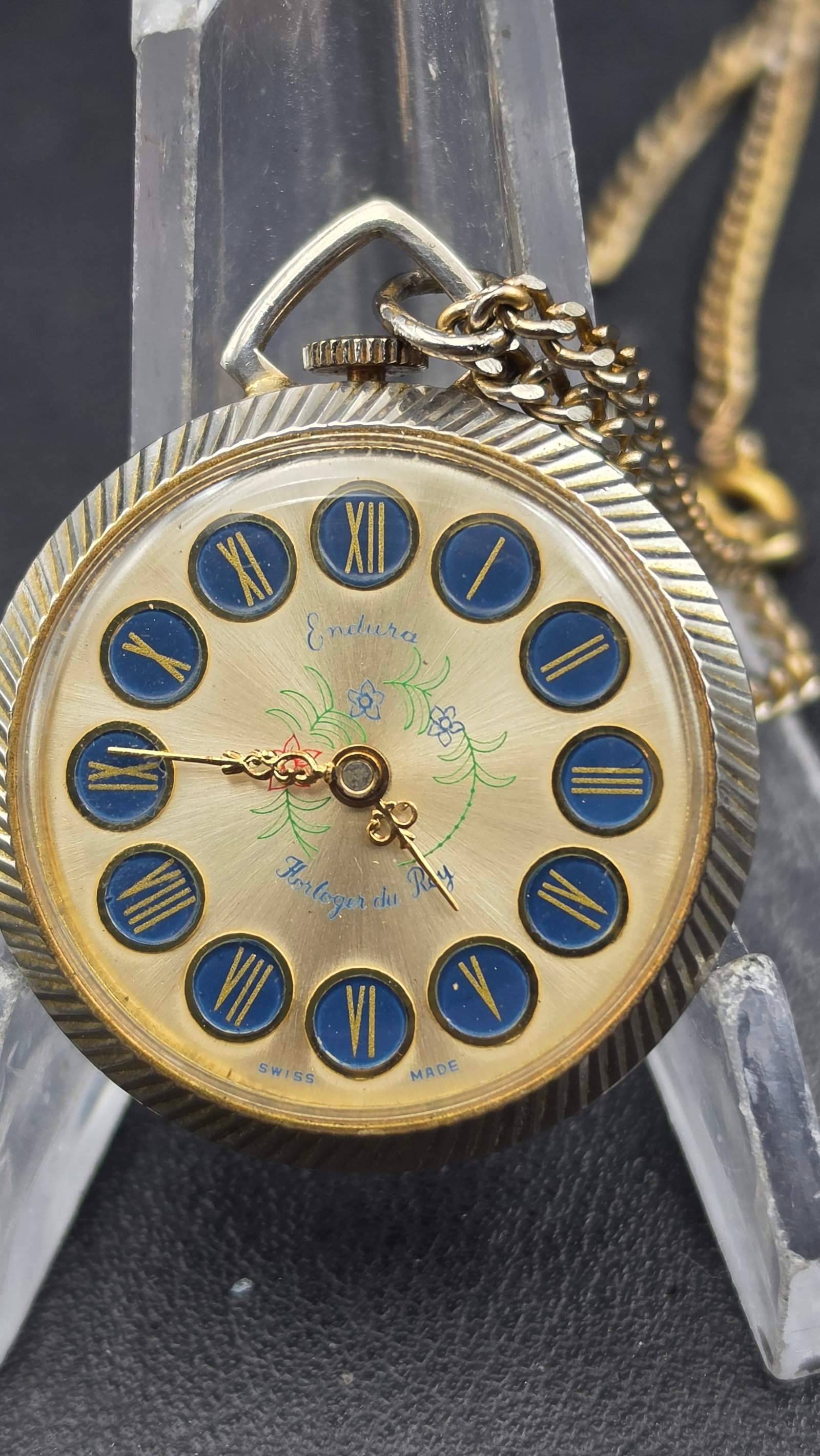 1970s Endura Horloger du Roy Swiss Pendant Watch, Blue Roman Numeral Dial, Engraved Case with Chain (1 of 9)