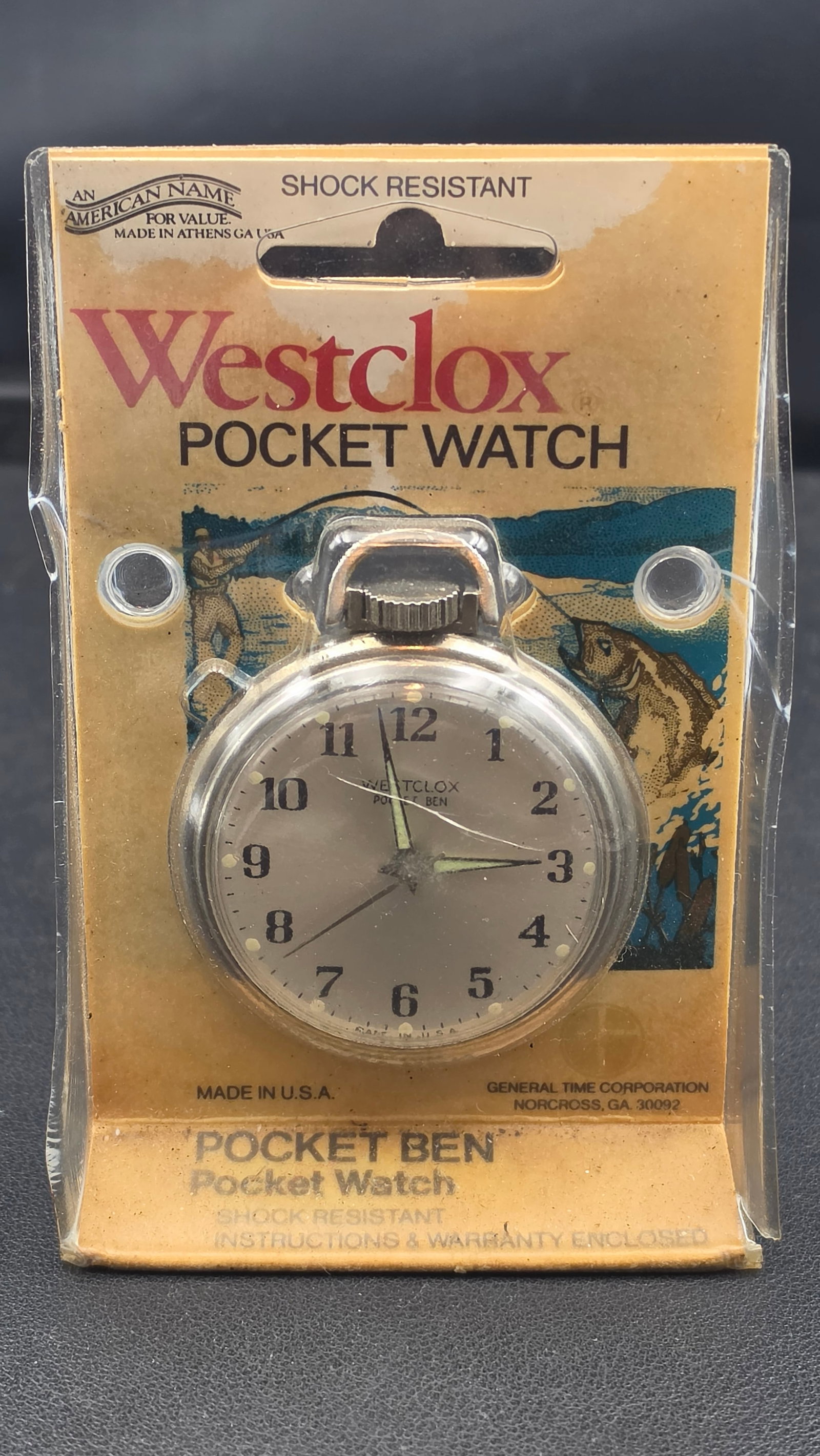 Westclox Pocket Ben No. 40312 Mechanical Pocket Watch NOS Sealed Carded Athens GA 1980s: Westclox "Pocket Ben" model No. 40312 mechanical pocket watch, manufactured by General Time Corporation (Athens, GA / Norcross, GA), circa 1980s. Sold new-old-stock and factory sealed in its original 