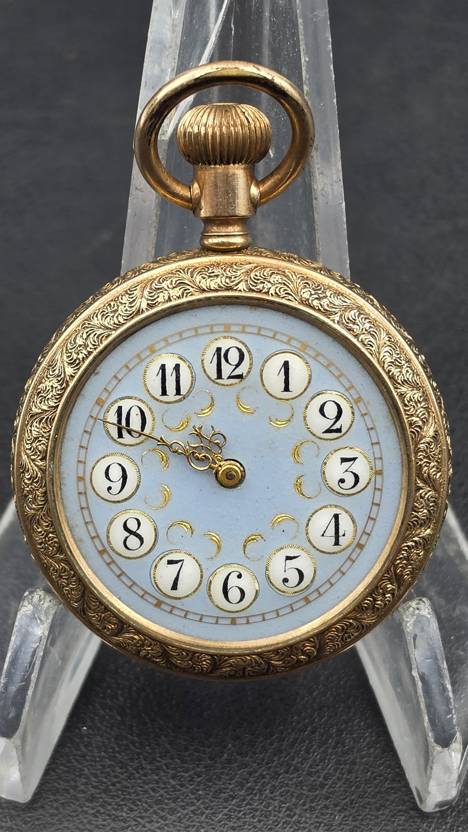 New England Watch Co. Addison Gold Filled Ladies Pocket Watch Fancy Dial c1900: Antique "Addison" pocket watch by the New England Watch Co. (formerly Waterbury Watch Co.), Waterbury, Connecticut, circa 1900. Small ladies'-size gold-filled open-face case with an elaborately engrav