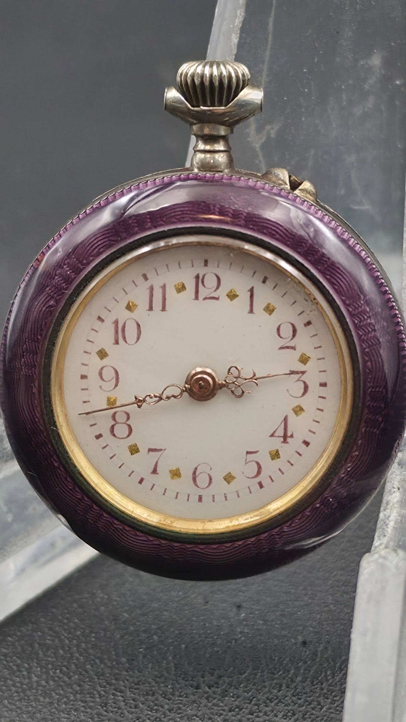 Antique Argent Dore Swiss Purple Guilloche Enamel Fob Watch Diamond Markers (1 of 10)