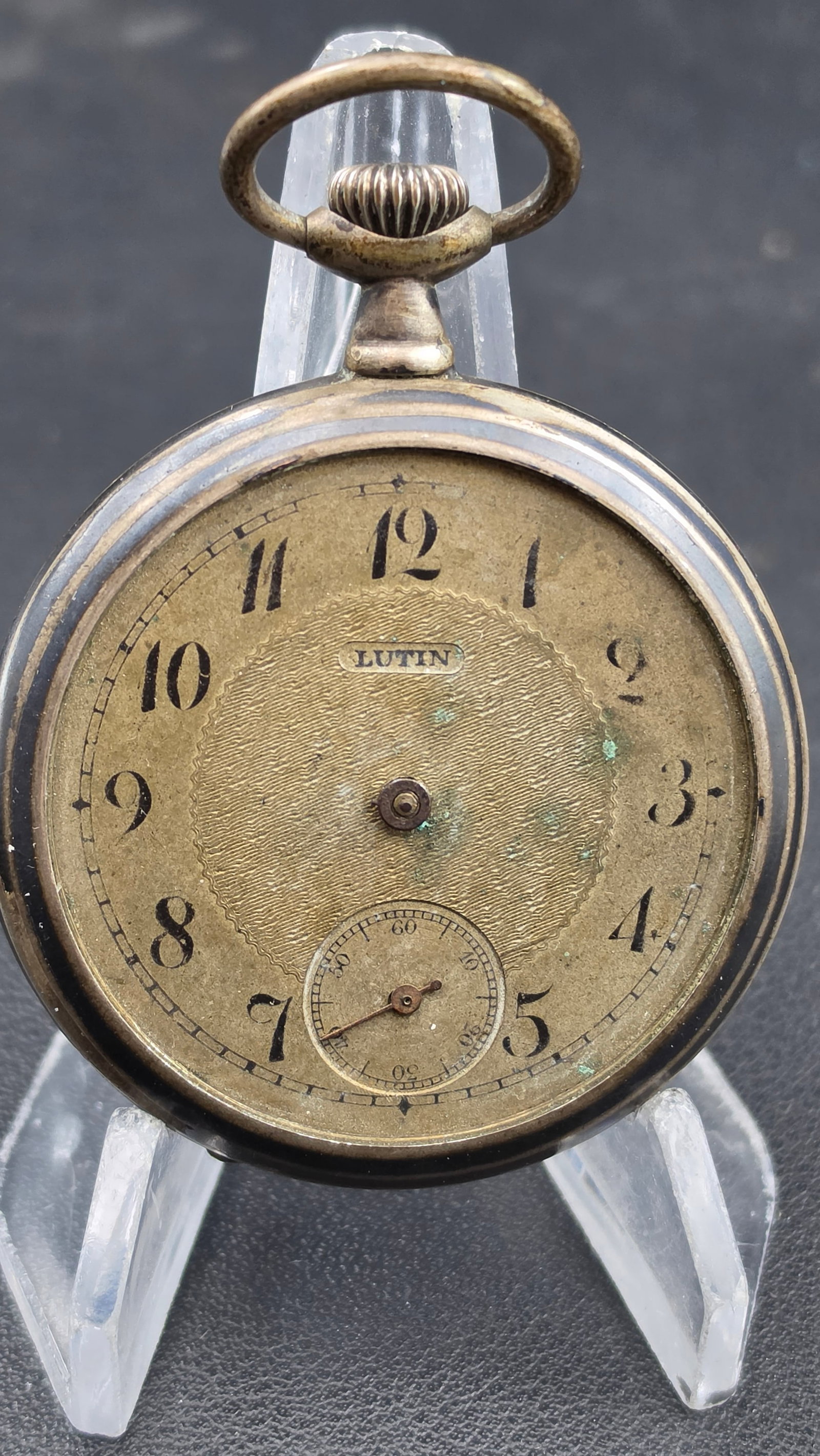 Antique Swiss Silver Niello Pocket Watch, Fox Hunt Scene, Lutin, Ancre de Precision 15 Rubis, 49mm,: This antique Swiss open face pocket watch features a solid silver case with a hand engraved niello case back depicting a fox hunting scene of mounted riders and hounds clearing a fence, framed by scro