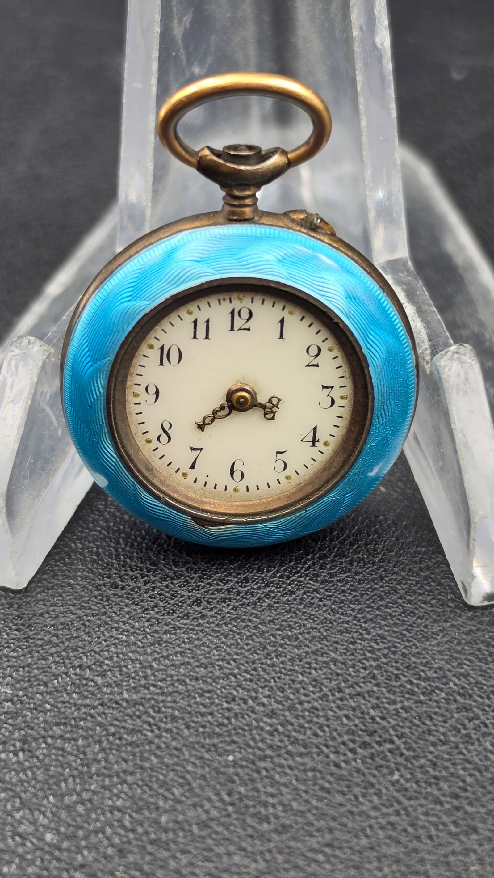 Antique Swiss Silver Ladies Pendant Fob Watch, Blue Guilloche Enamel, Gold Star Motif, 21mm, K&I, Ci: This antique Swiss ladies pendant fob watch features a powder blue guilloche enamel case set with applied gold star motifs on both the front cover and case back, radiating from a central sunburst guil