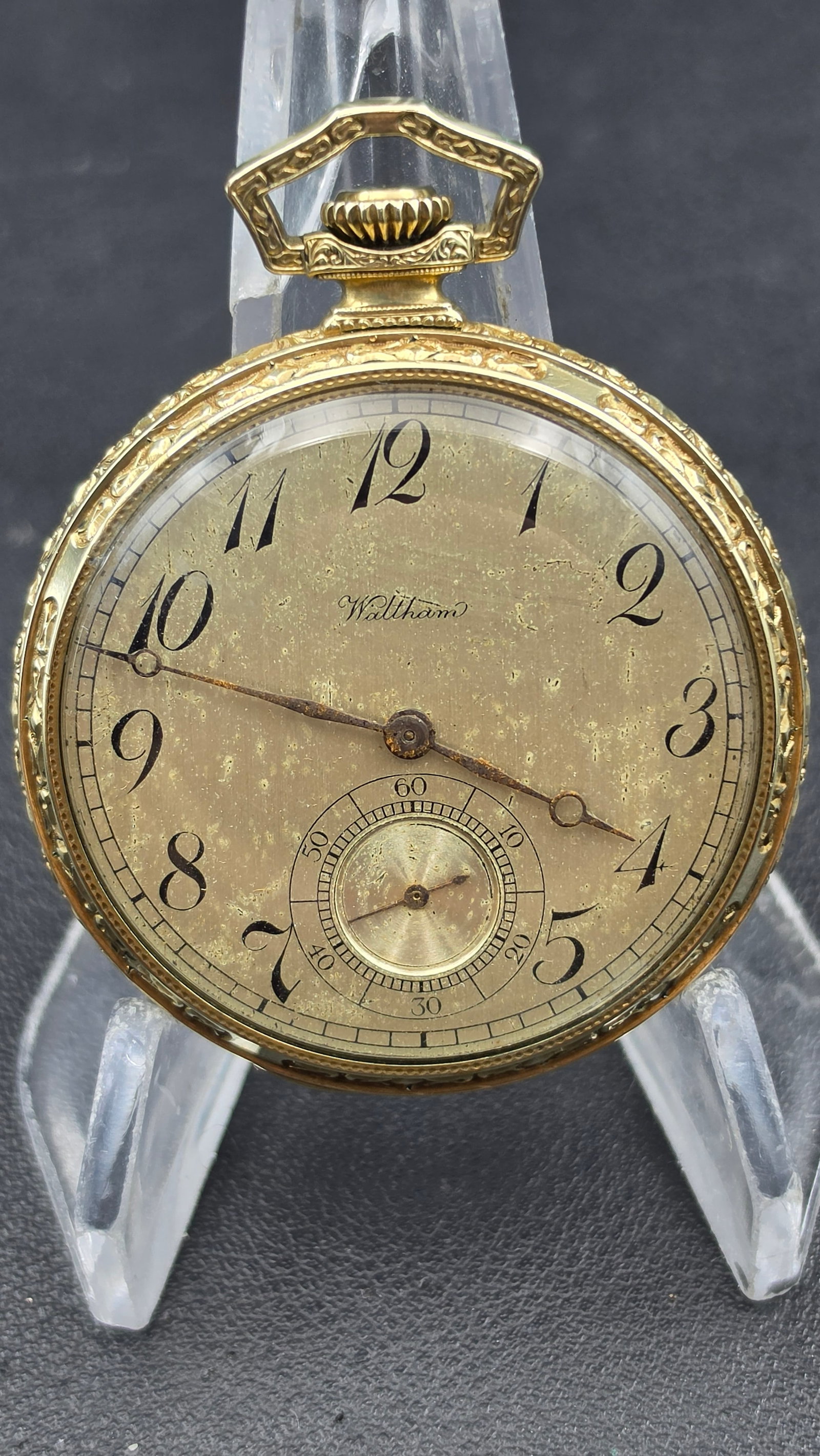 1924 Waltham P.S. Bartlett 12s 19 Jewel Openface Pocket Watch Ornate 14K Gold Filled Wadsworth Case: Antique American Waltham pocket watch, grade P.S. Bartlett, 12 size, 19 jewels, adjusted and adjusted to temperature with a Breguet hairspring, 3/4 plate nickel movement, pendant set, movement serial 