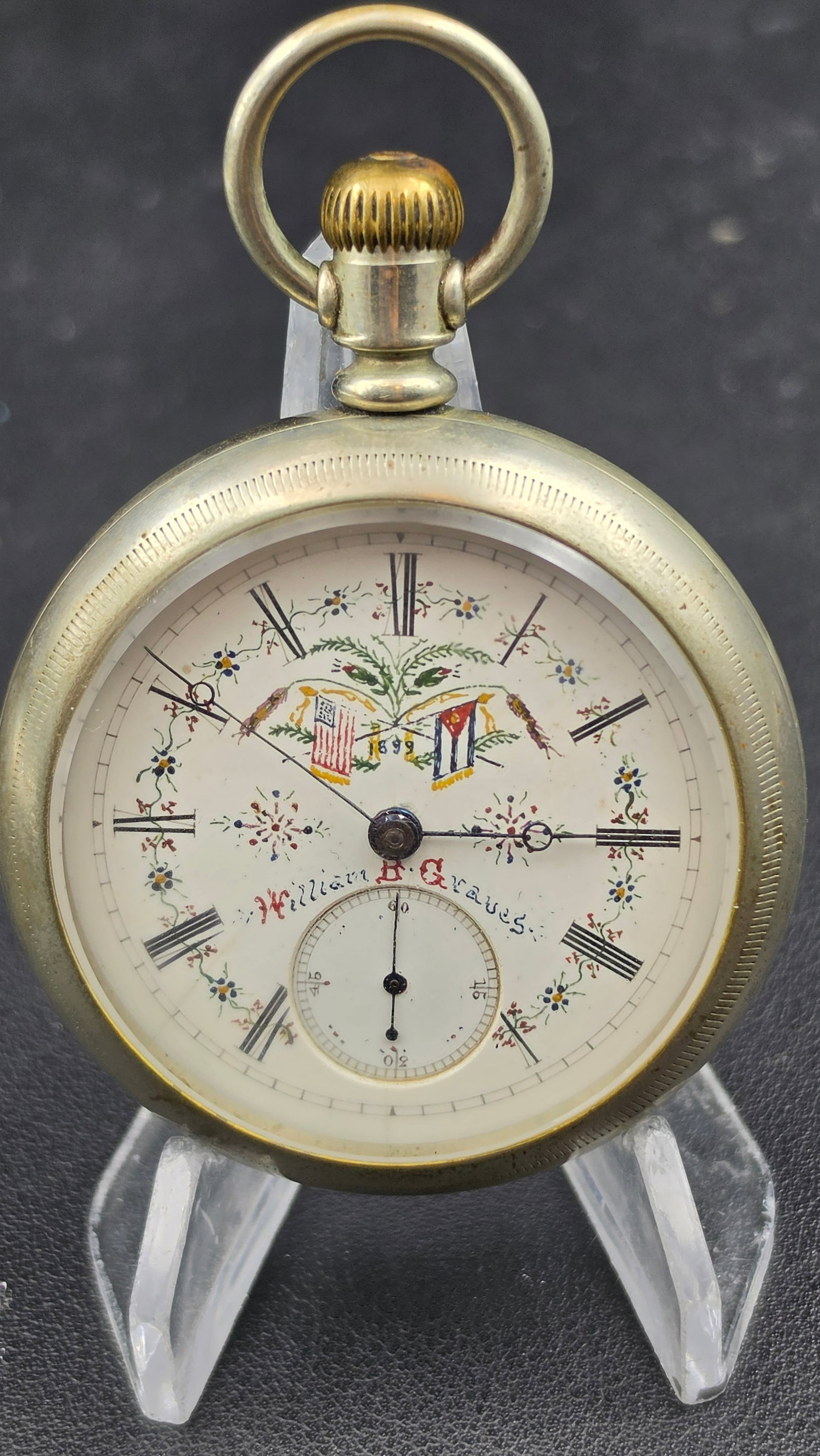 1899 Illinois Watch Co Grade 2 18s 11 Jewel Fahys Oresilver Hand Painted Flag Dial Pocket Watch Runs (1 of 11)