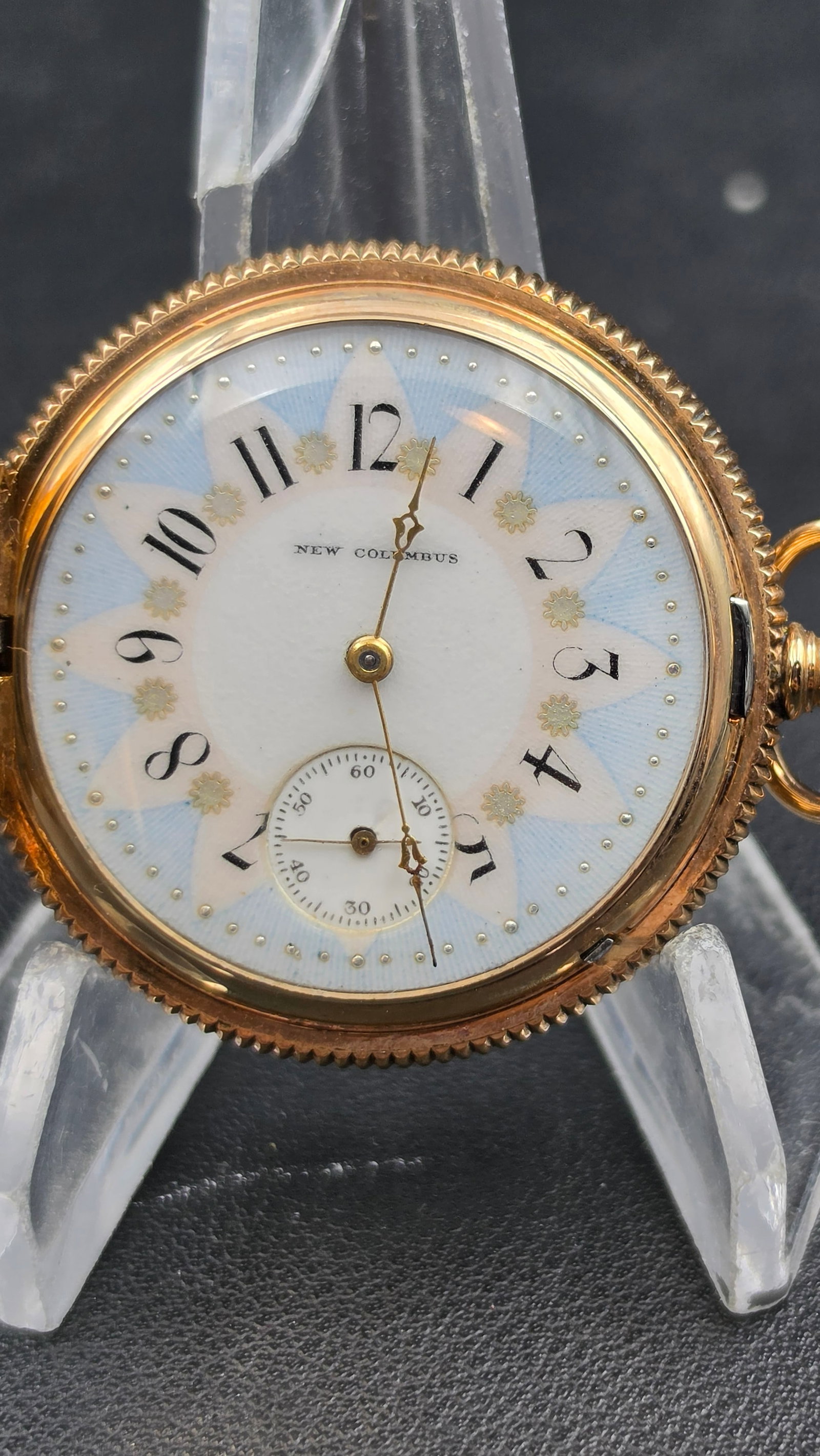 Antique New Columbus Watch Co 16s Fancy Star Dial Hunting Case Pocket Watch Near Mint Running: Antique New Columbus Watch Co pocket watch, Columbus, Ohio, model 1, screw-set jewel settings, nickel 3/4 plate hunting movement with plain regulator, single-sunk dial mount, movement serial 343094, p