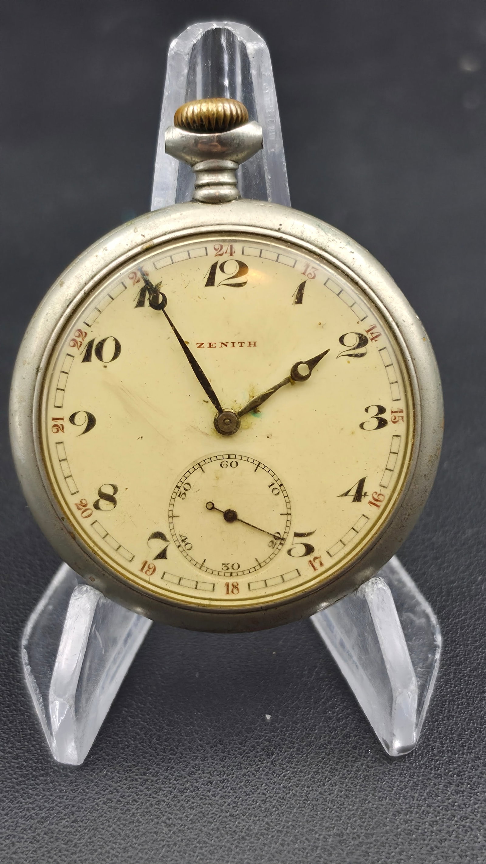 Zenith Grand Prix Paris 1900 Pocket Watch, Nickel Metal Blanc Case, 24 Hour Military Dial: This is a Zenith open face pocket watch, movement serial number 7049113, in a nickel Metal Blanc Garanti case, case serial number 5243313. Metal Blanc Garanti indicates a guaranteed white base metal c